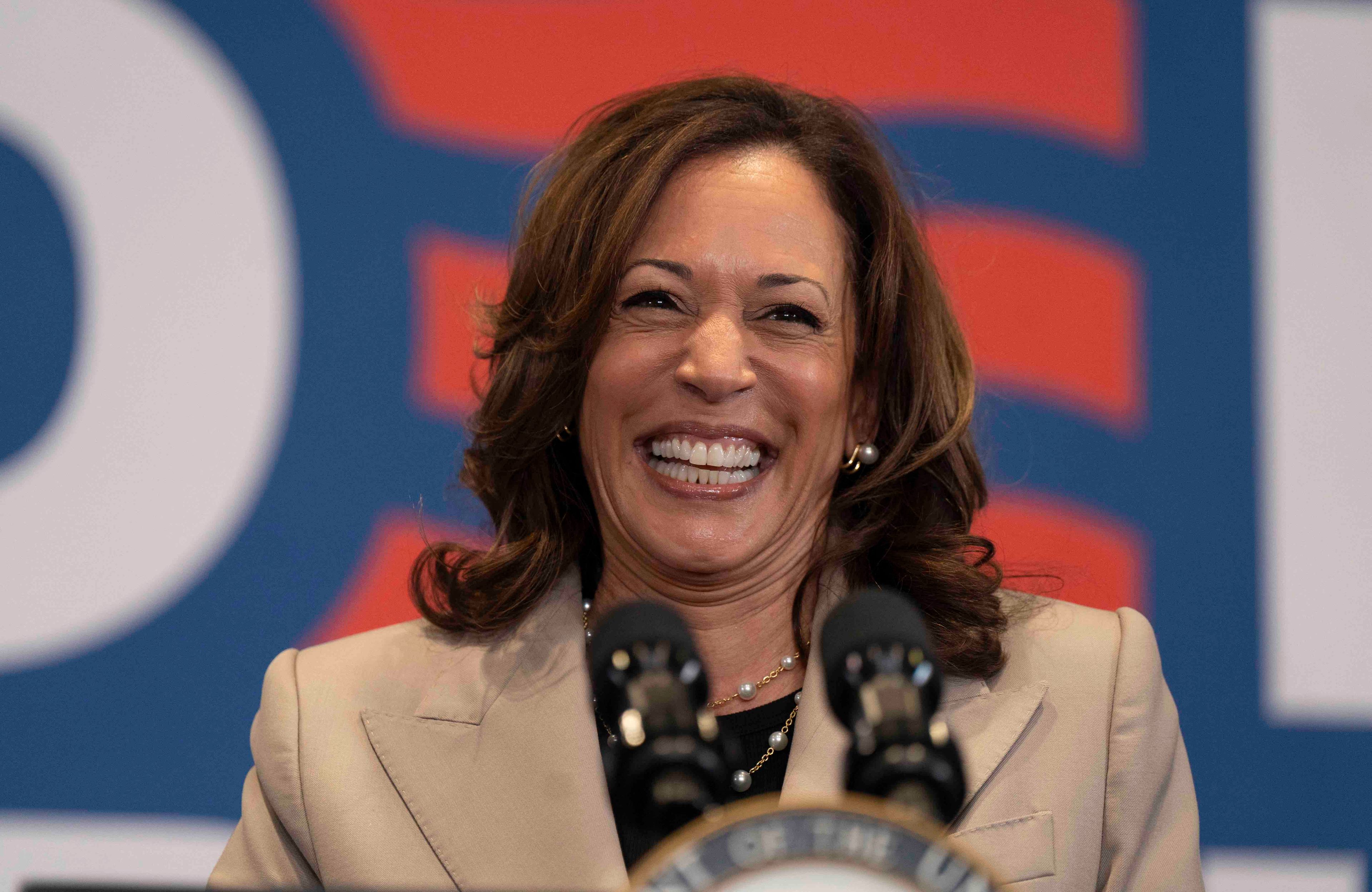 Kamala Harris uśmiecha się podczas wiecu wyborczego