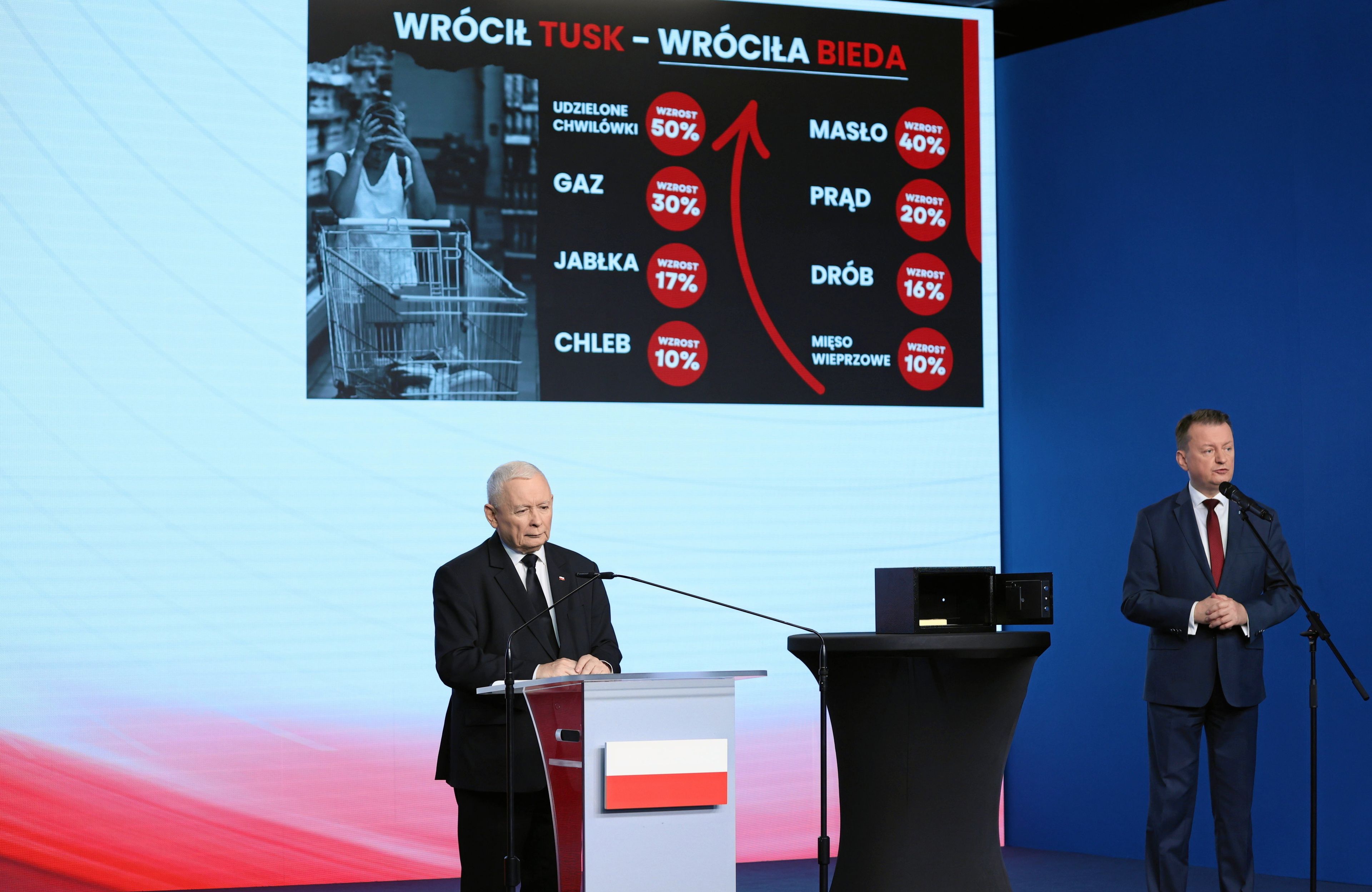 Jarosław Kaczyński i Mariusz Błaszczak na konferencji prasowej, między nimi mały sejf a w nim kostka masła