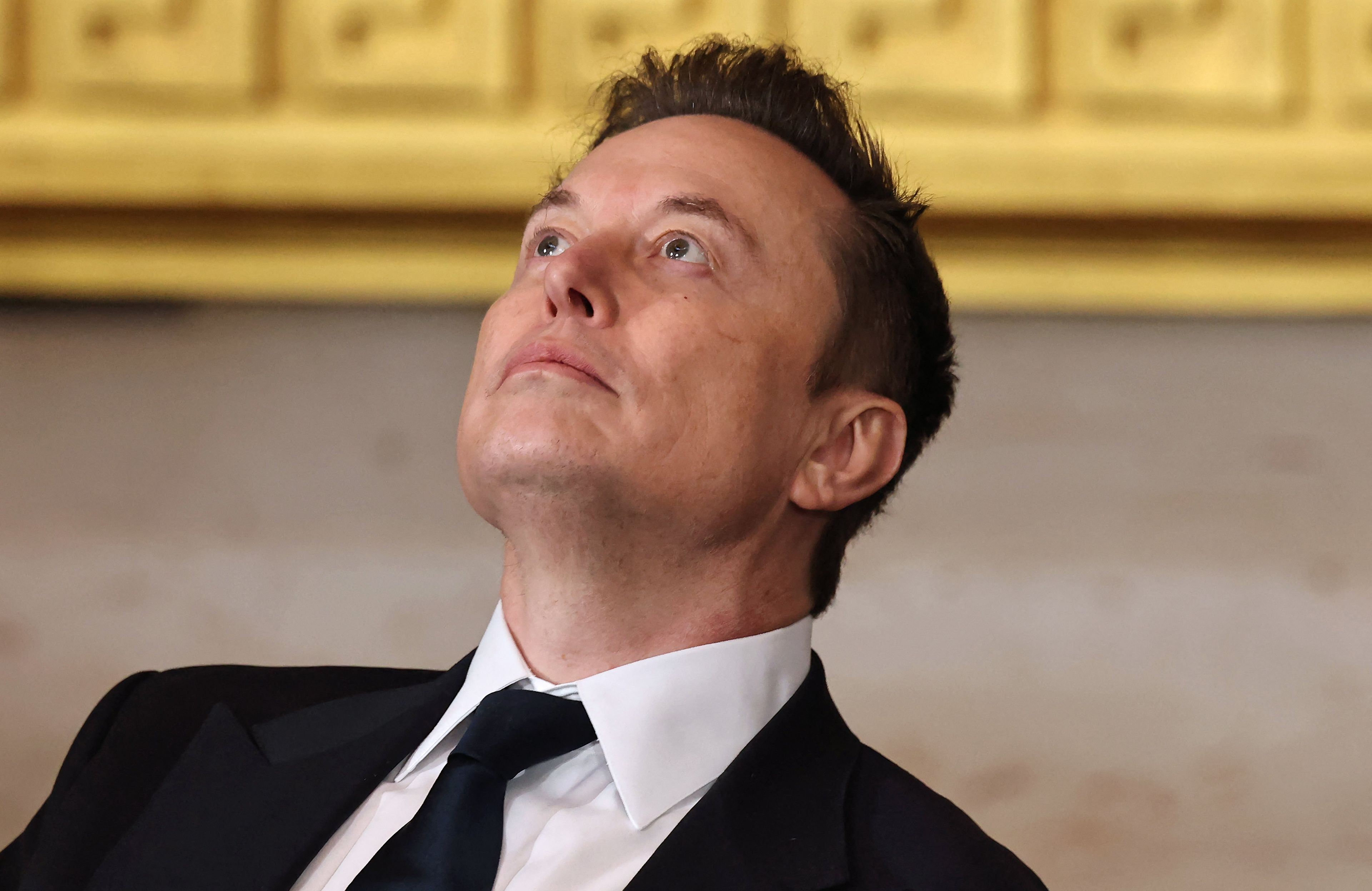 Mężczyzna, Elon Musk, z zadartą głową patrzy na coś