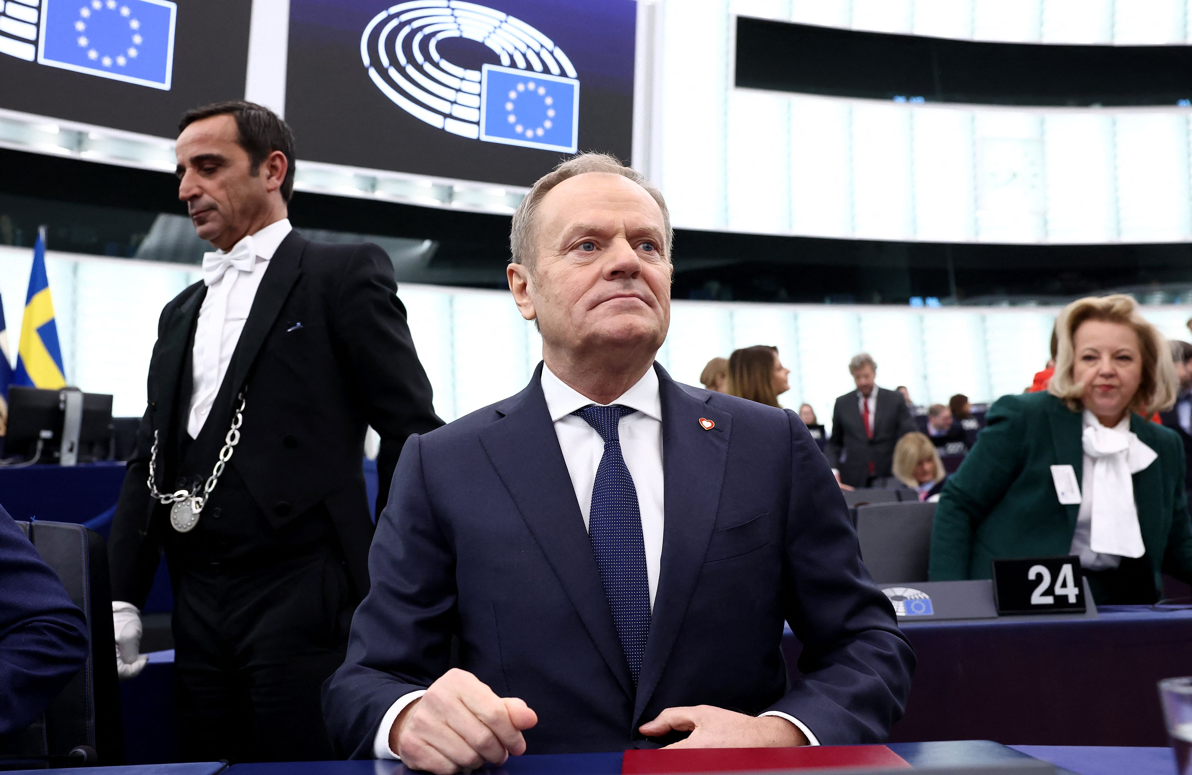 Donald Tusk na sali plenarnej Parlamentu Europejskiego
