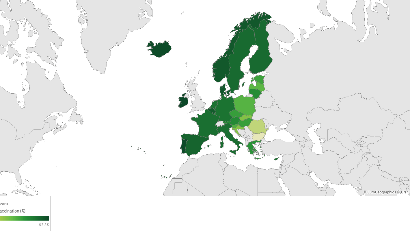 Mapa obrazująca odsetek w pełni zaszczepionych osób 18+ w krajach Unii Europejskiej.