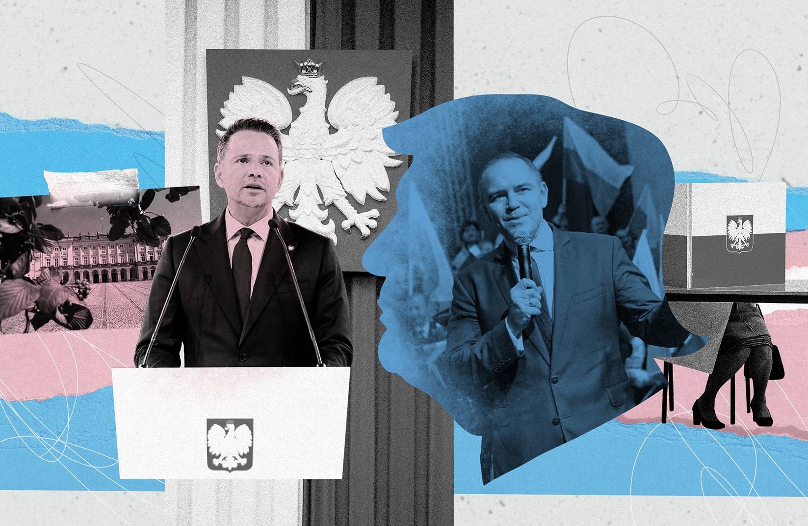 Kolaż zdjęć przedstawiających Rafała Trzaskowskiego i Karola Nawrockiego, pałac prezydencki, polskie godło oraz postać w lokalu wyborczym. W tle zarys profilu Donalda Trumpa i kolory flagi osób transpłciowych