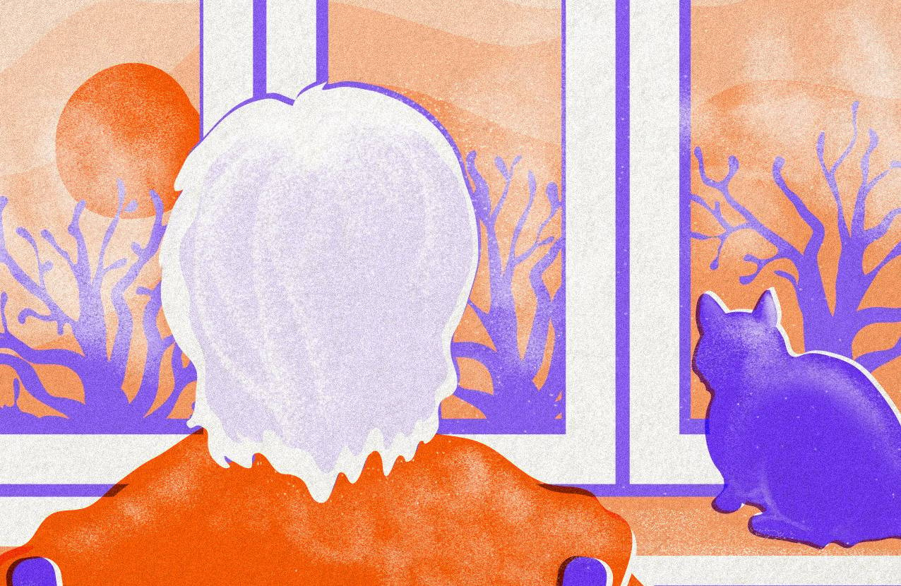 Pomarańczowo-niebieska grafika: siwa kobieta patrzy przez okno. Na parapecie kot