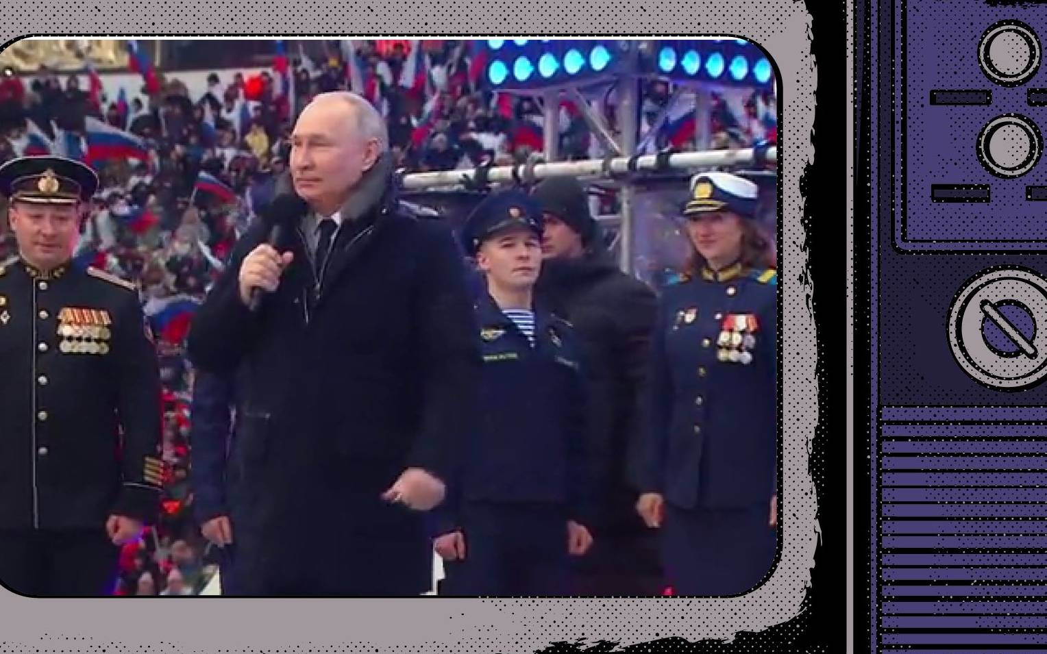 Grafika: zdjęcie Putina w płaszczy, na koncercie, wklejone w ramy starego telewizora