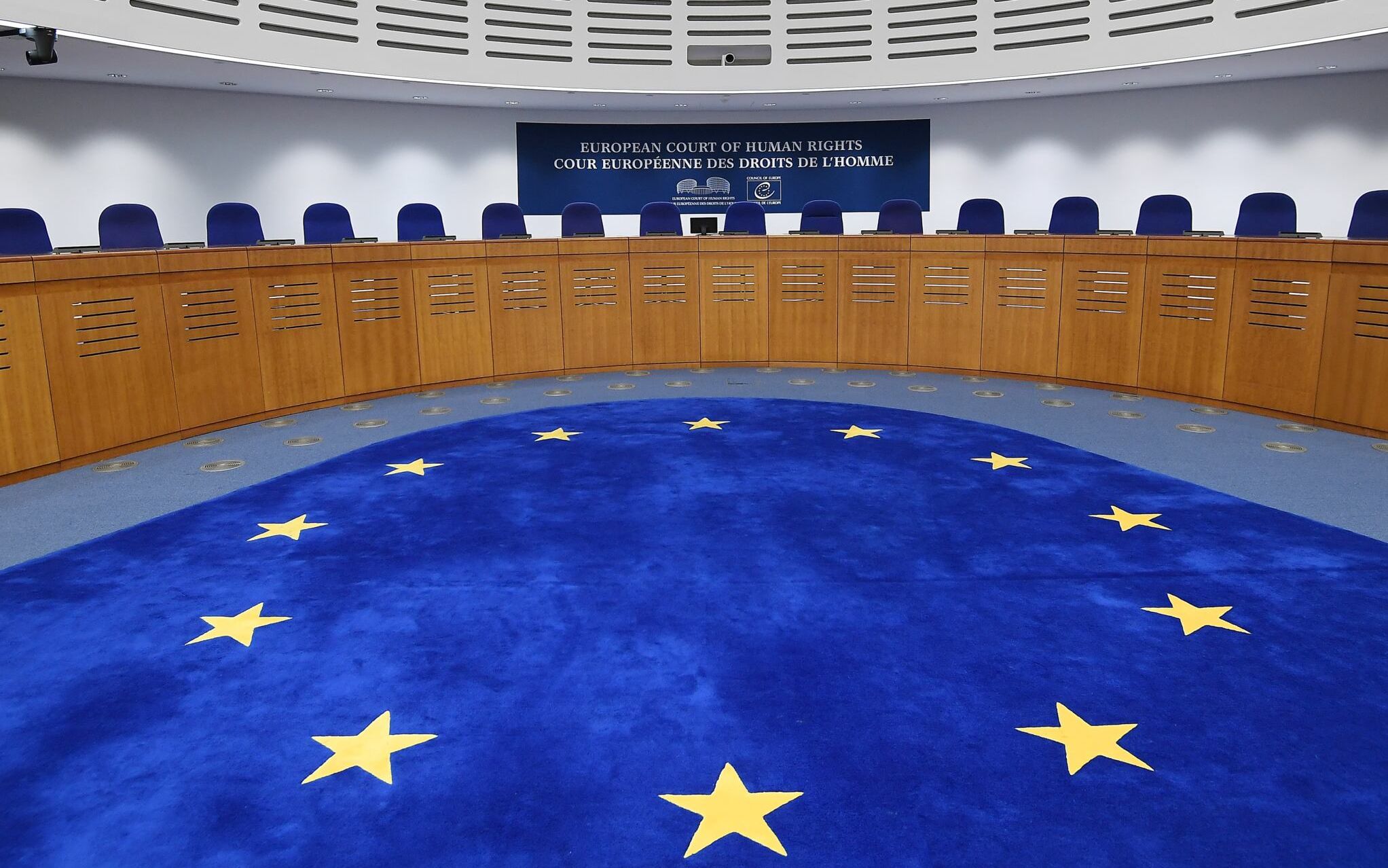 This photo shows the inside of the European Court of Human Rights (ECHR) in Strasbourg, eastern France, on February 7, 2019. (Photo by FREDERICK FLORIN / AFP)
