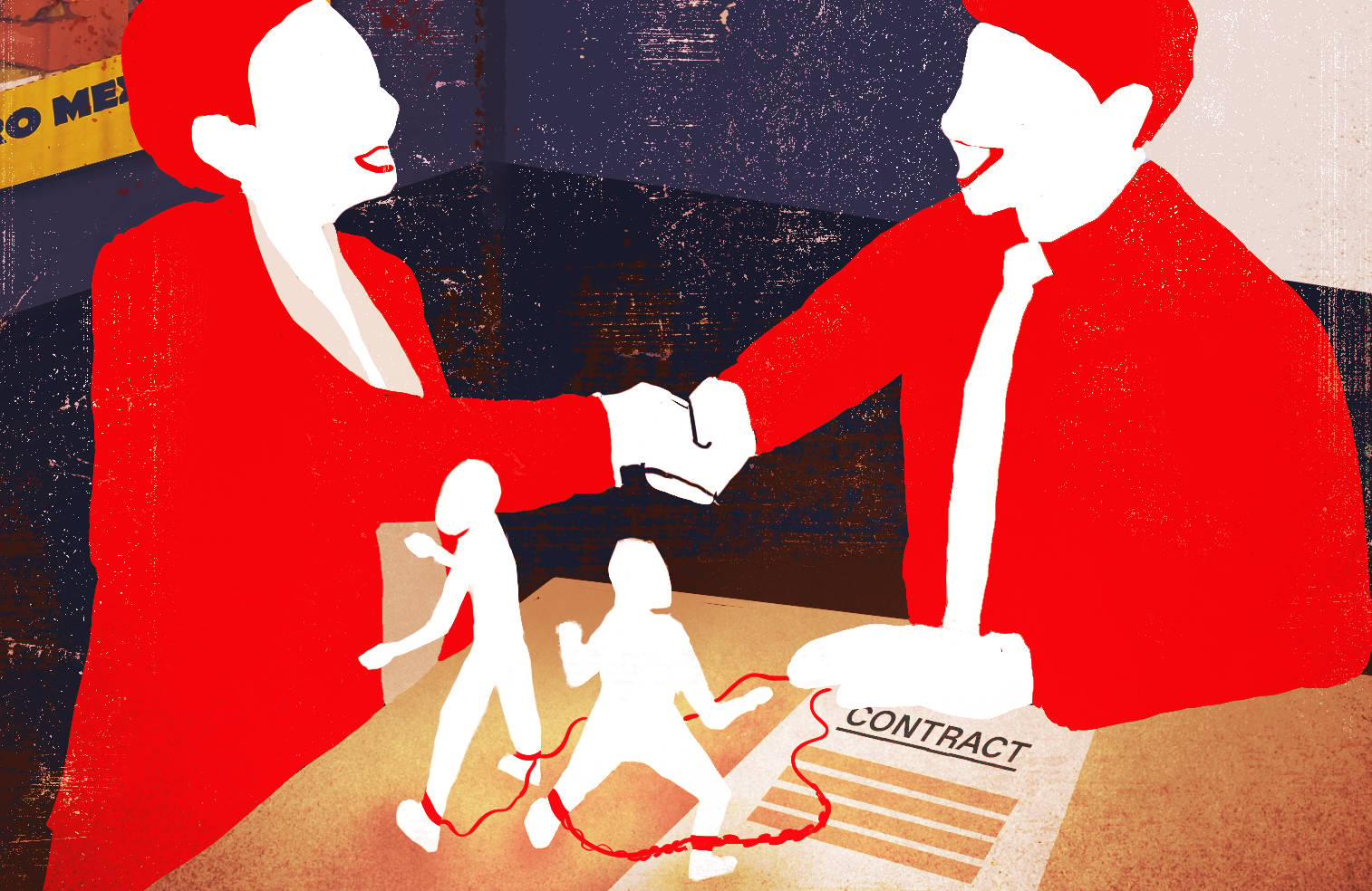 Ilustracja, przedstawiająca dwie postaci ubrane w garsonkę oraz w koszulę i krawat, podające sobie ręce nad biurkiem z dwiema postaciami w dramatycznych pozach, skutych kajdanami, prowadzącymi do ręki jednej z postaci. W tle widać plakat reklamowy "Euro Mexico Job". Handel ludźmi