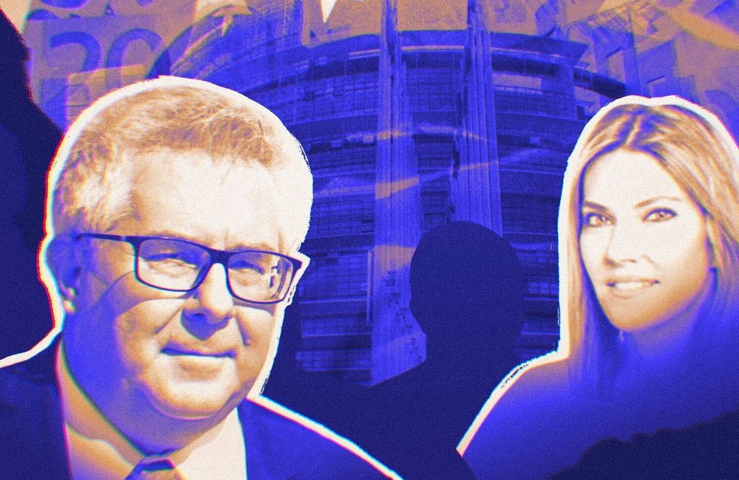 Ilustracja przedstawiająca eurodeputowanych Ryszarda Czarneckiego i Evę Kaili na tle budynku Parlamentu Europejskiego.