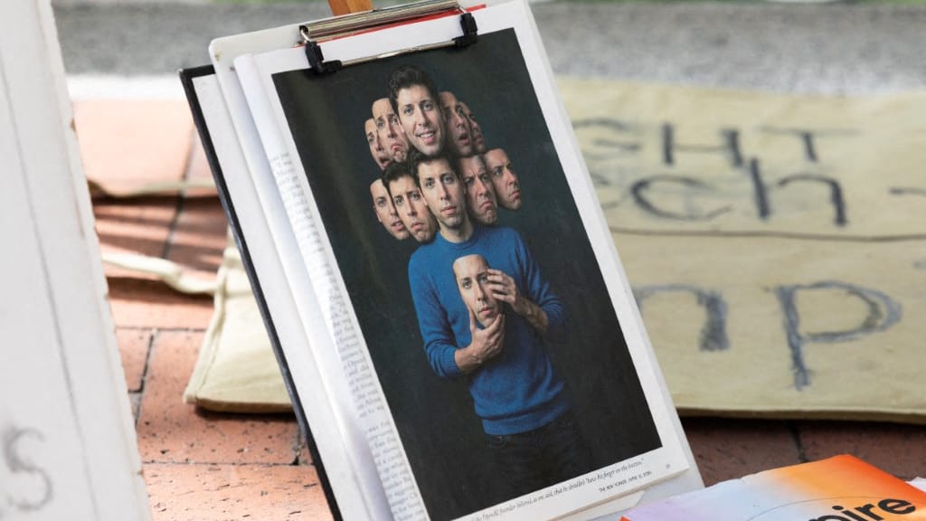 OAKLAND, CALIFORNIA - APRIL 27: An image depicting OpenAI's CEO Sam Altman is displayed outside the Ronald V. Dellums Federal Building on April 27, 2026 in Oakland, California. Elon Musk invested in OpenAI early on believing it would be a non-profit, but is now suing OpenAI and its CEO Sam Altman for allegedly deceiving him by developing OpenAI into a for-profit company.   Benjamin Fanjoy/Getty Images/AFP (Photo by Benjamin Fanjoy / GETTY IMAGES NORTH AMERICA / Getty Images via AFP)