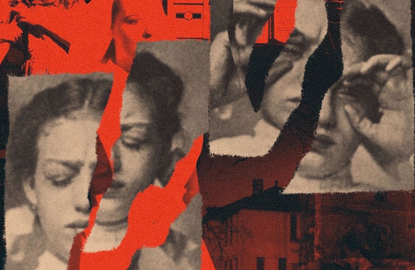 Ilustracja przedstawiająca dwa przedarte zdjęcia kobiety z zamkniętymi oczami,w tle fotografia starego szpitala w kolorze czarno-czerwonym