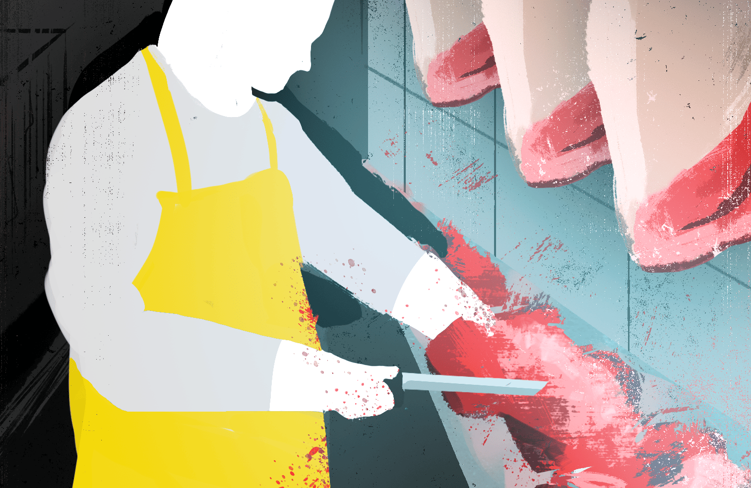 Osoba w roboczym fartuchu, z gołą głową i rękoma, obrabia krwawe kawałki mięsa na taśmie, nad nią wiszą wielkie płaty mięsa