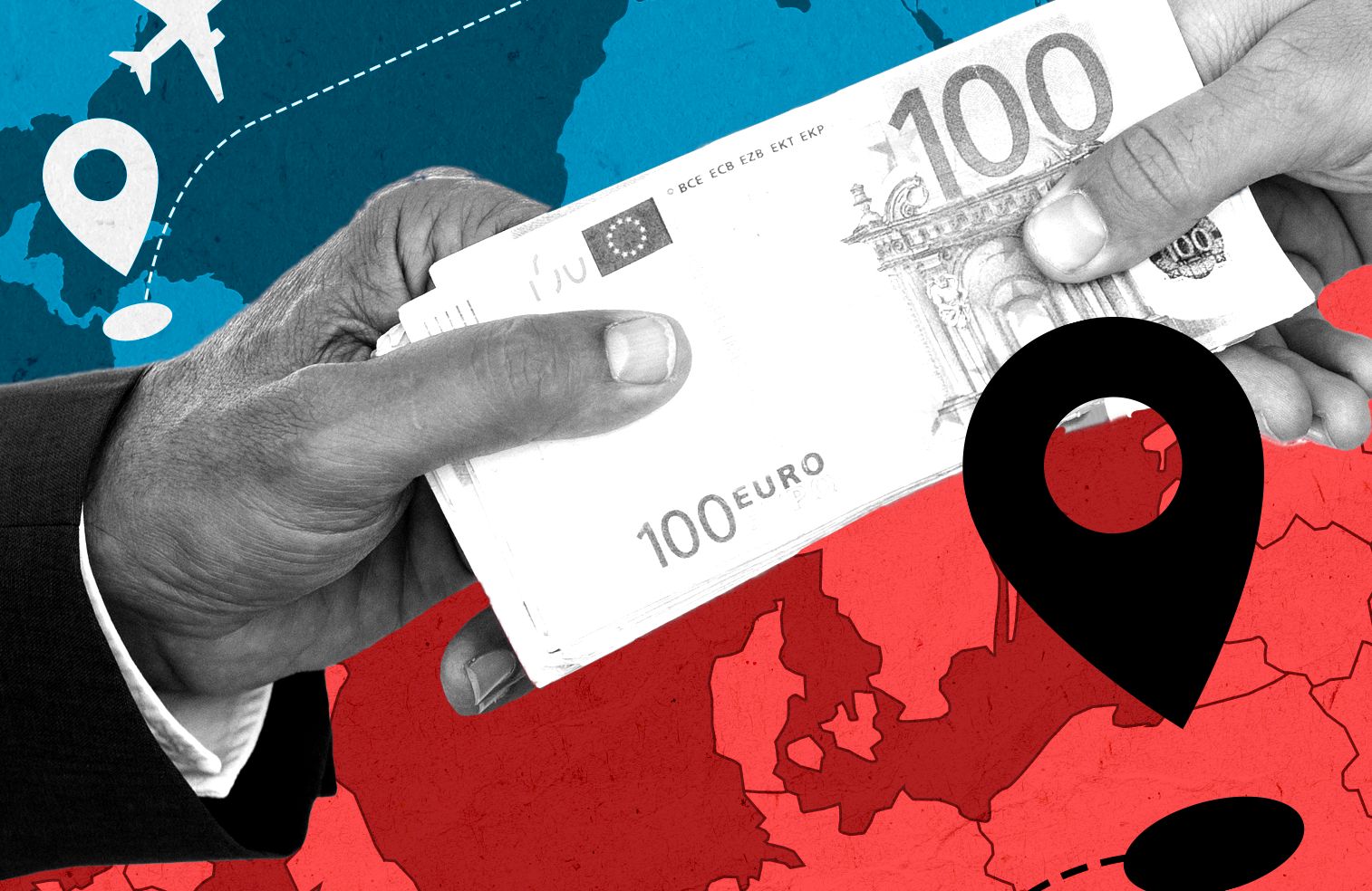 Kolaż: na pierwszym planie zdjęcie dłoni przekazujących sobie banknoty Euro, na drugim planie grafiki map z trasą: lotniczą z Kolumbii do Hiszpanii i z Hiszpanii do Polski
