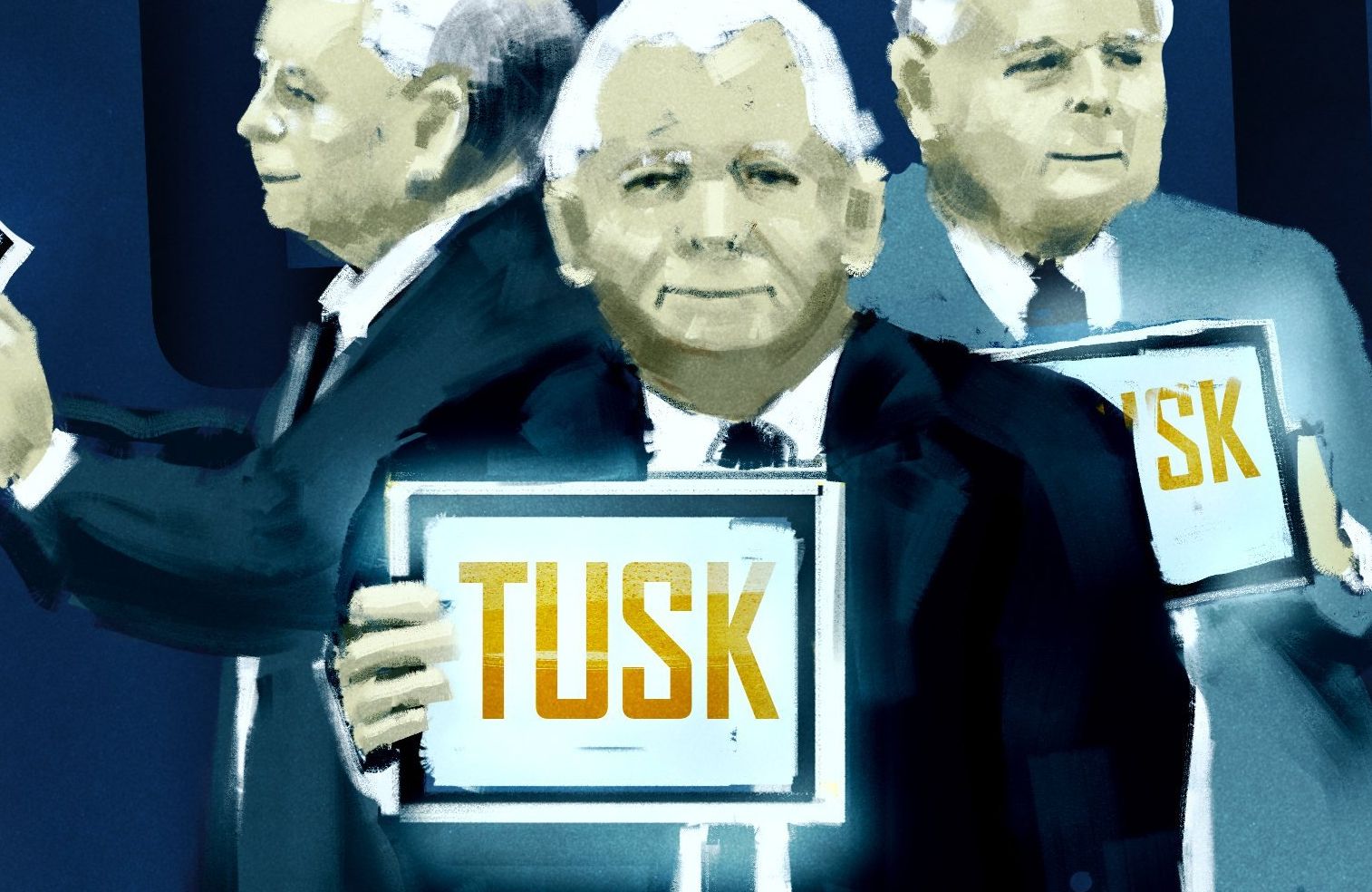 Trzech Jarosławów Kaczyńskich trzymających tablet, na którym jest duży napisk "TUSK"