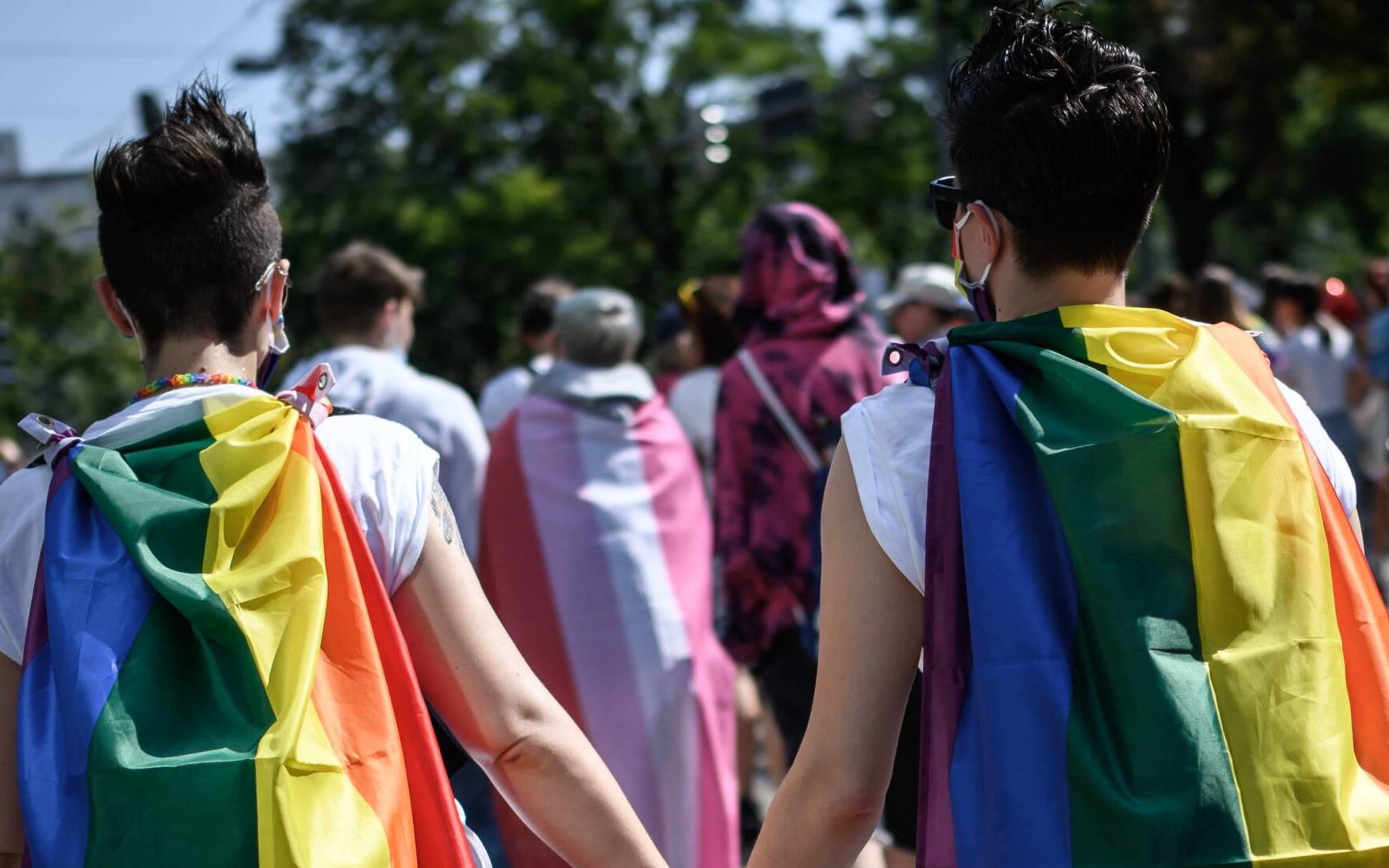 Members of lesbian, gay, bisexual, transgender, intersex and queer (LGBTIQ) community take part in the Zurich Pride on September 4, 2021 ahead of a nationwide votation on the marriage for all. - Swiss citizens are due to vote on September 26, 2021 to determine whether the right to marry should be extended to same-sex couples or not. (Photo by FABRICE COFFRINI / AFP)