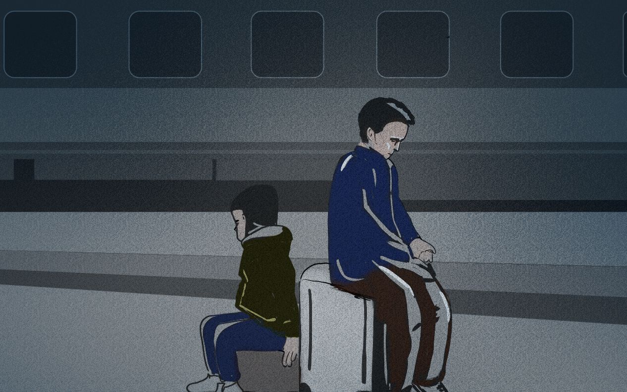 Ilustracja - dwójka smutnych chłopców siedzących na walizkach na peronie