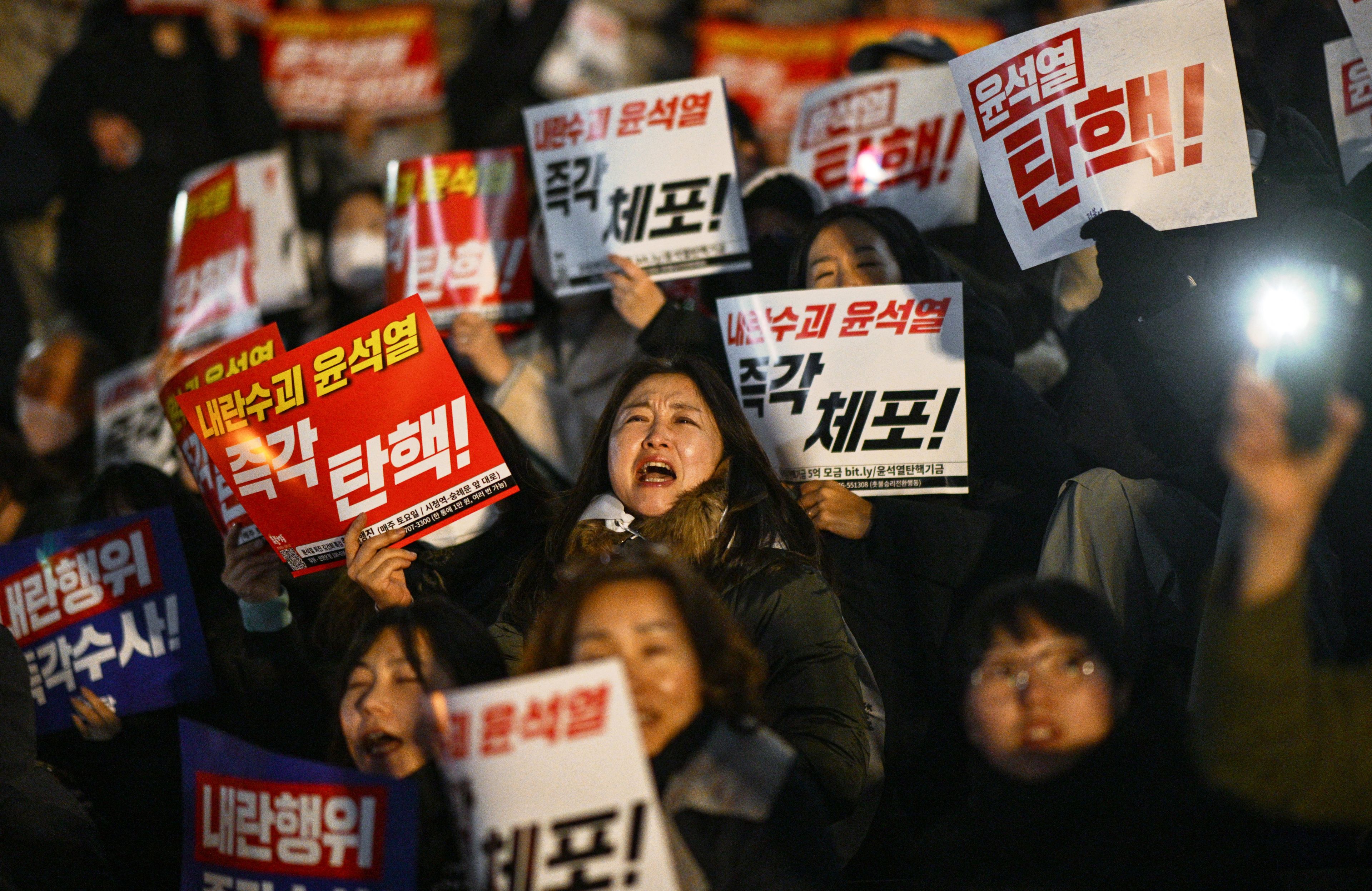 tłum protestujących z transparentami po koreańsku