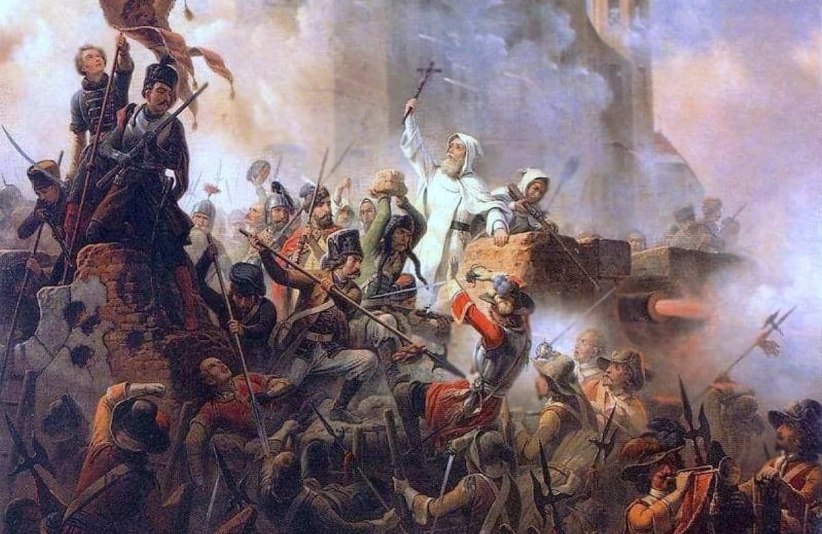 Obraz przedstawia bitwę o klasztor, wielu zbrojnych walczy, powiewają sztandary, wybija sie postać w białych szatach z wielkim krzyżem w ręku