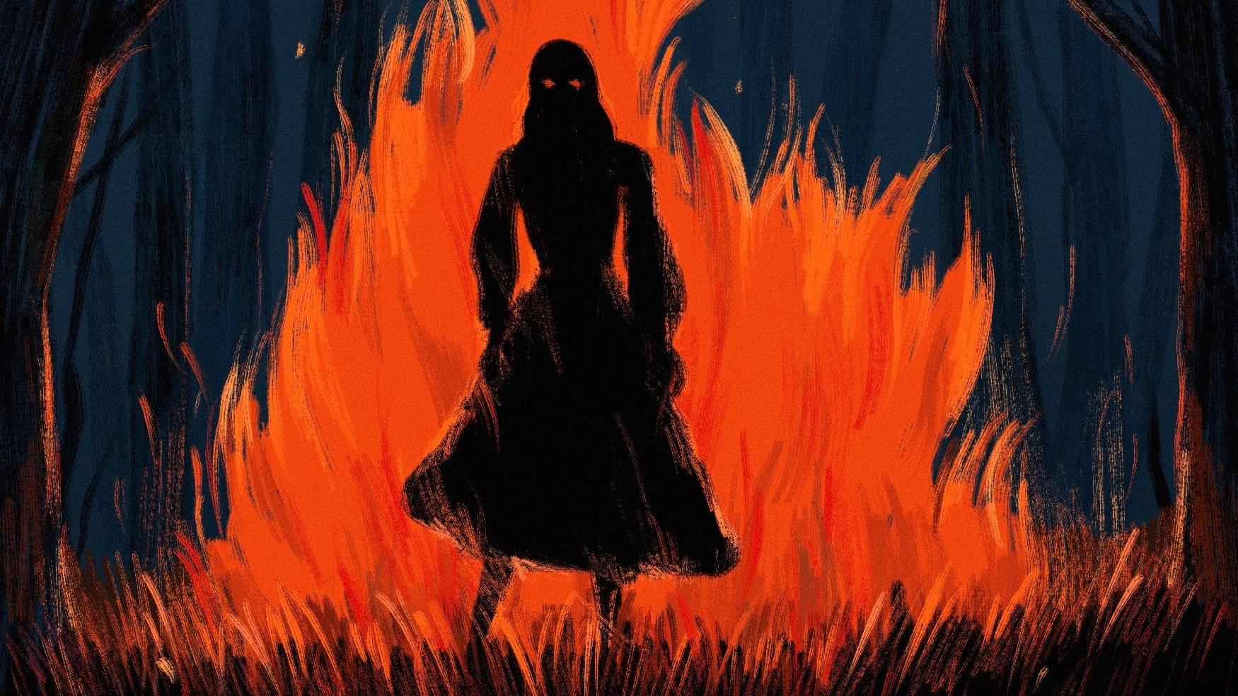 Rysunek: postać kobieca na tle płonącego stosu
