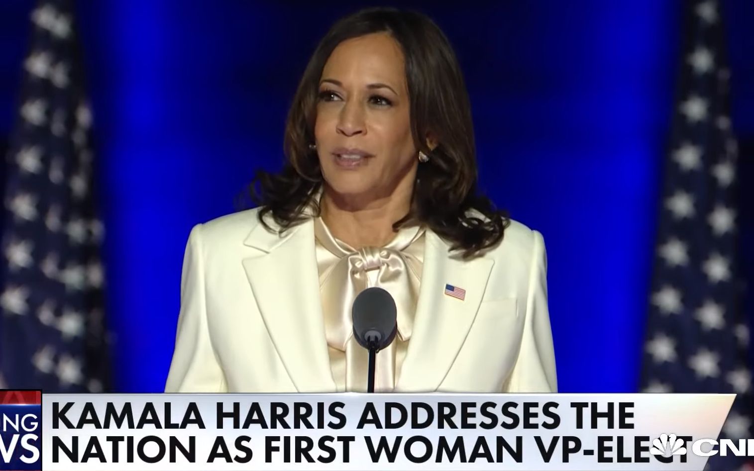 Grafika do artykułu "Wybraliście nadzieję, jedność, przyzwoitość, naukę i prawdę". Kamala Harris słowo w słowo
