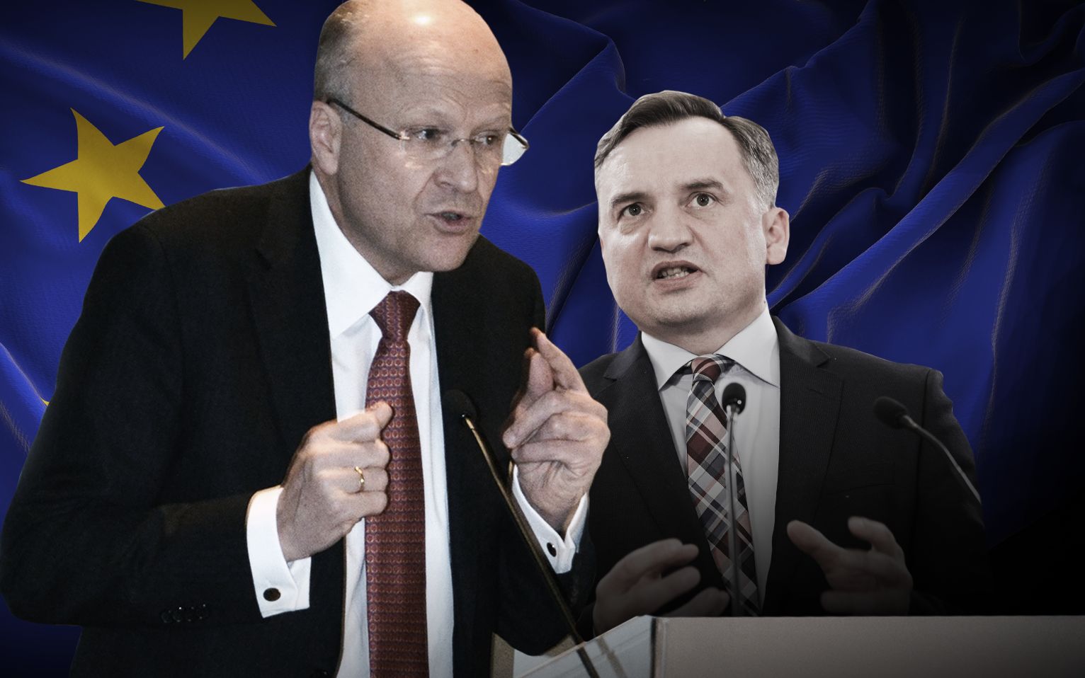 Grafika: Prezes TSUE Koen Lenaerts i Zbigniew Ziobro [ustawa kagańcowa]