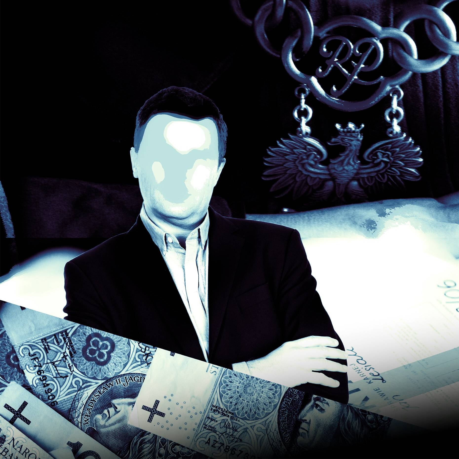 Ilustracja przedstawiająca mężczyznę z zamazaną twarzą, na pierwszym planie banknoty, w tle sędziowski łańcuch z godłem