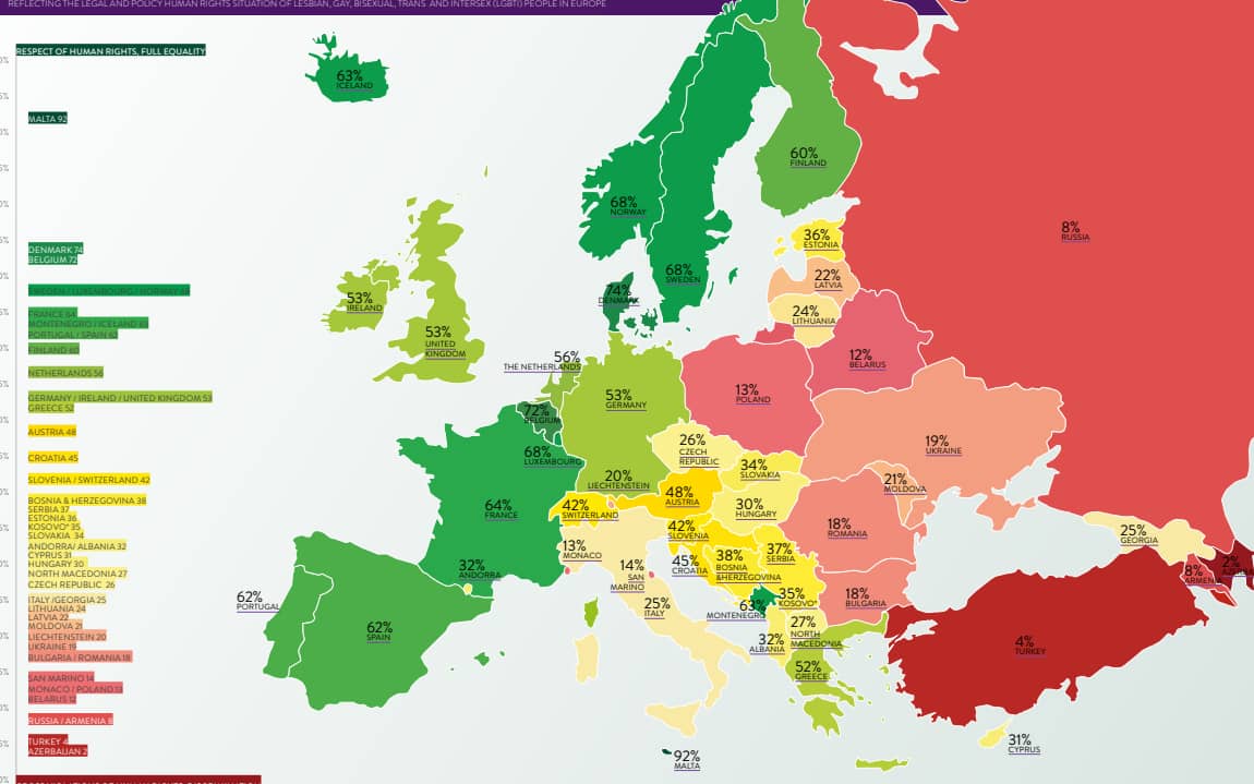 Grafika do artykułu Bliżej do Moskwy niż Rygi. Polska trzeci raz z rzędu z tytułem homofoba Unii Europejskiej