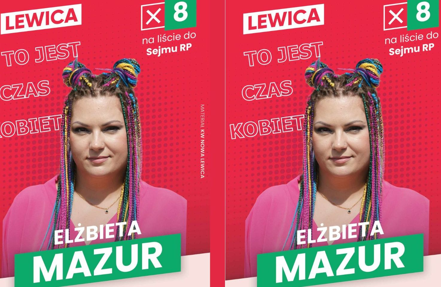 Dwa plakaty wyborcze - na czerwonym tle zdjęcie młodej kobiety z dredami i napis Elżbieta Mazur