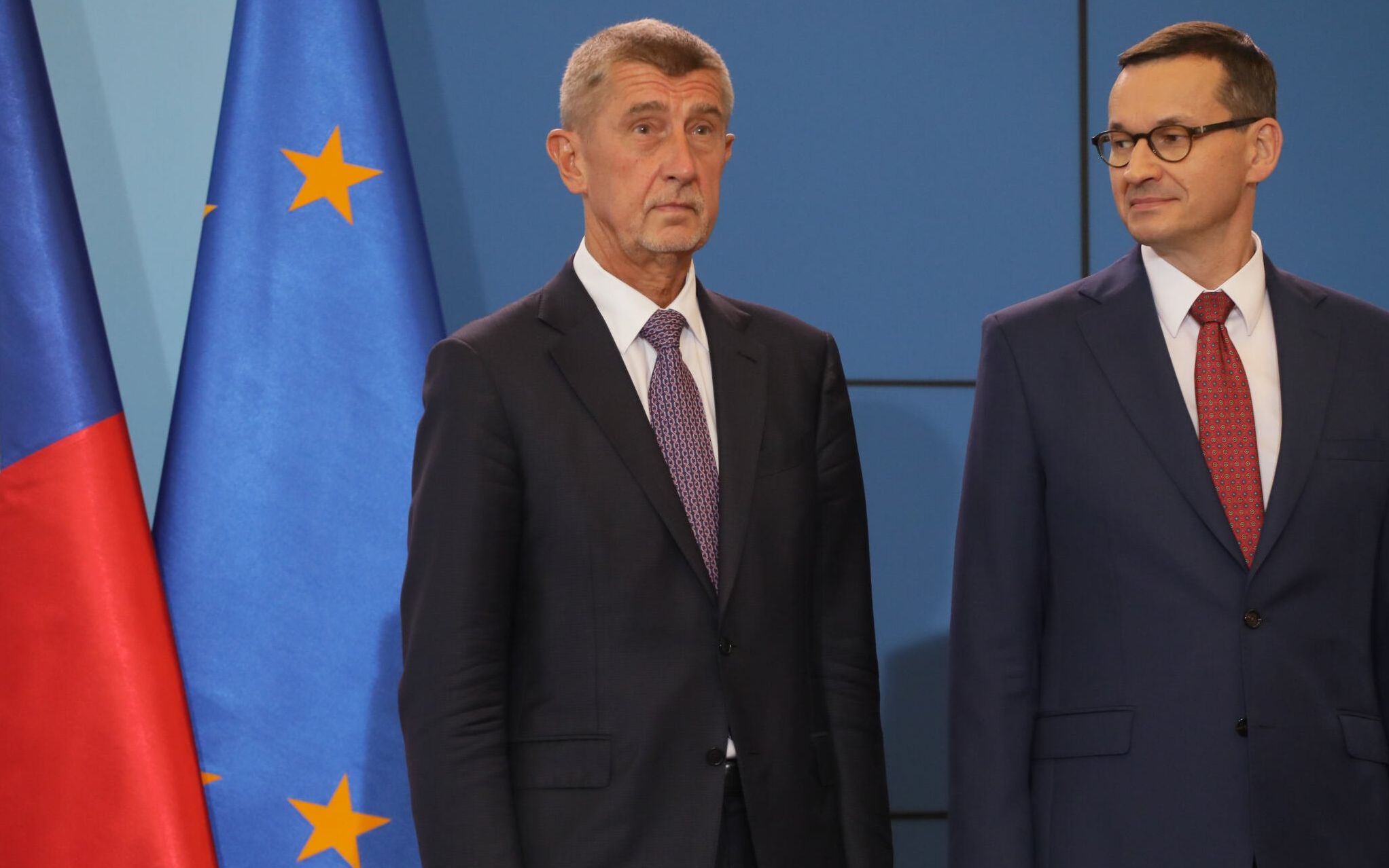 28.08.2019 Warszawa . Kancelaria Prezesa Rady Ministrow . Polsko - czeskie konsultacje miedzyrzadowe . Od lewej: premier Republiki Czeskiej Andrej Babis , premier Mateusz Morawiecki podczas konferencji prasowej .
Fot. Slawomir Kaminski / Agencja Gazeta