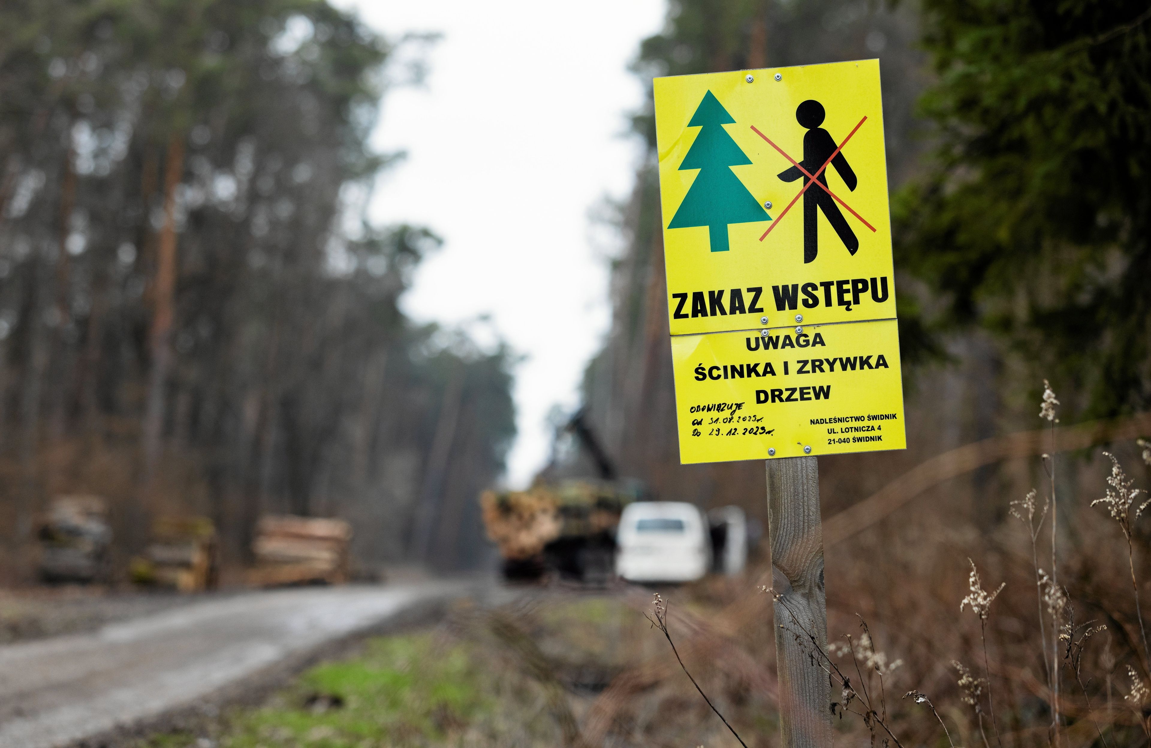 Postawiony na skraju lasu znak o zakazie wstępu do lasu z powodu wycinki drzew