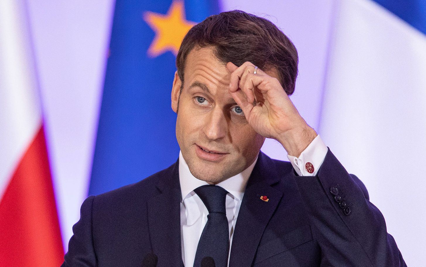 03.02.2020 Warszawa . Kancelaria Prezesa Rady Ministrow . Wizyta prezydenta Republiki Francuskiej . Prezydent Francji Emmanuel Macron podczas wspolnej konferencji prasowej z premierem Mateuszem Morawieckim . 
Fot. Dawid Zuchowicz / Agencja Gazeta