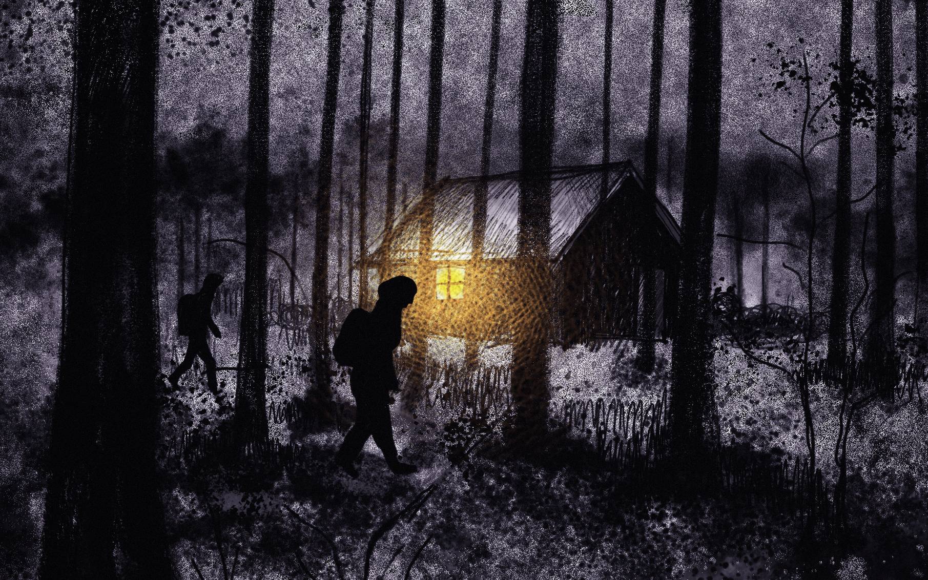 ilustracja przedstawia wędrowca w ciemnym lesie i chatkę z rozświetlonym oknem