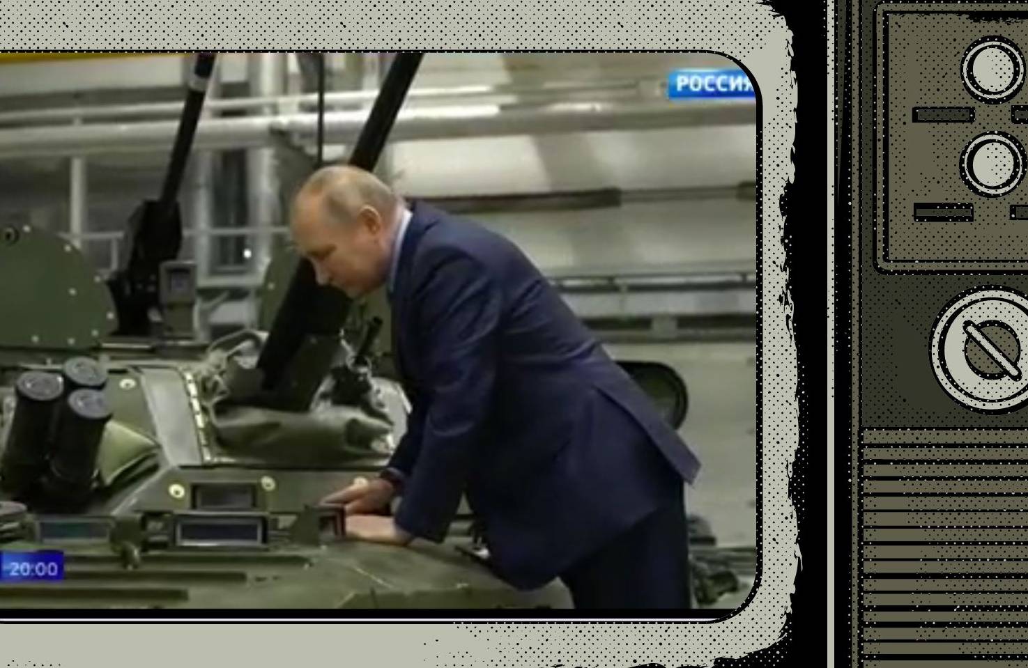 Grafika: w rysunek telewizora wstawione zdjęcie Putina zaglądającego do czołgu