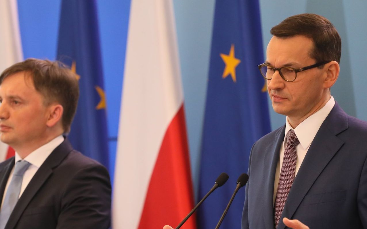 14.05.2019 Warszawa , KPRM . Premier rzadu PiS Mateusz Morawiecki i minister sprawiedliwosci Zbigniew Ziobro podczas konferencji prasowej po posiedzeniu rzadu . Rzad zaostrzy kary za pedofilie .
Fot. Slawomir Kaminski / Agencja Gazeta
