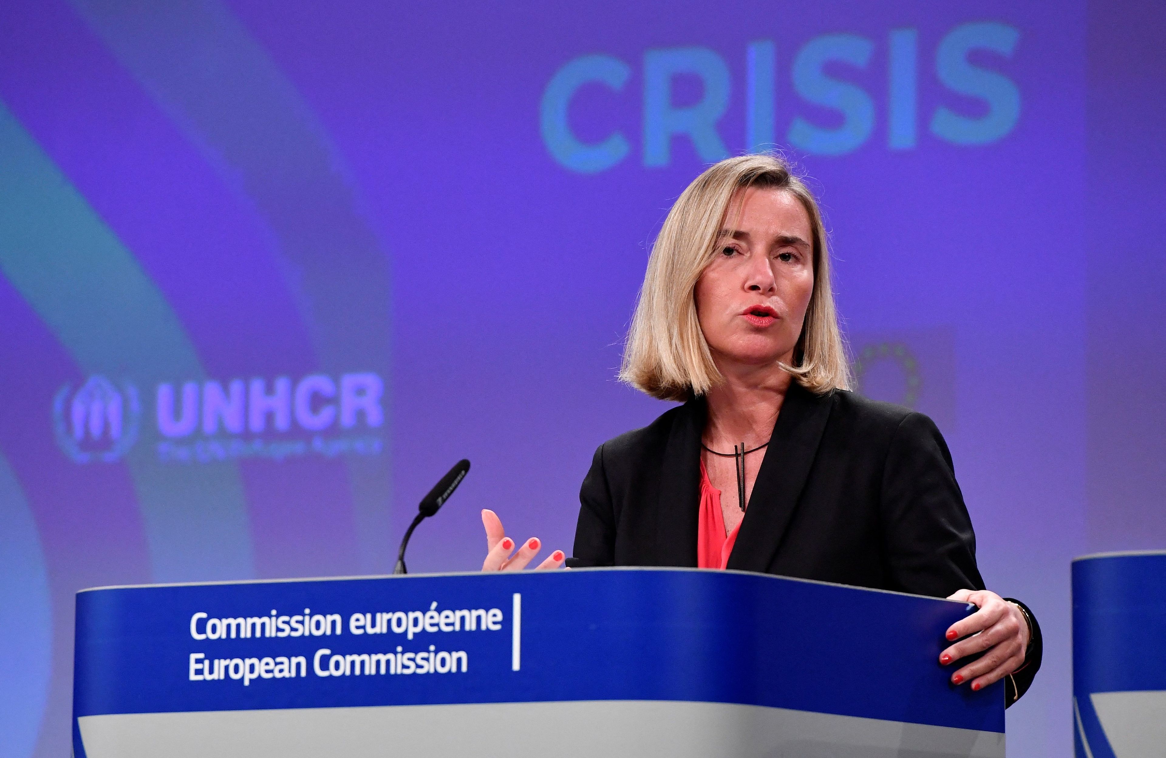 Federica Mogherini podczas konferencji prasowej w Brukseli, 29.10.2019 r.