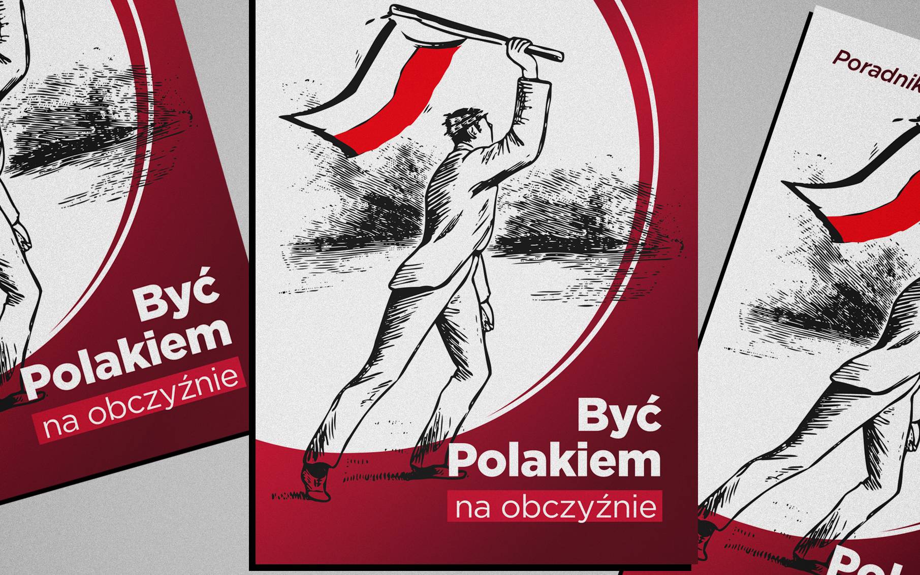 Na ilustracji 3 poradniki. Na ilustracji poradnika rysunek mężczyzny z flagą Polski. Na głowie ma coś, co przypomina koronę cierniową