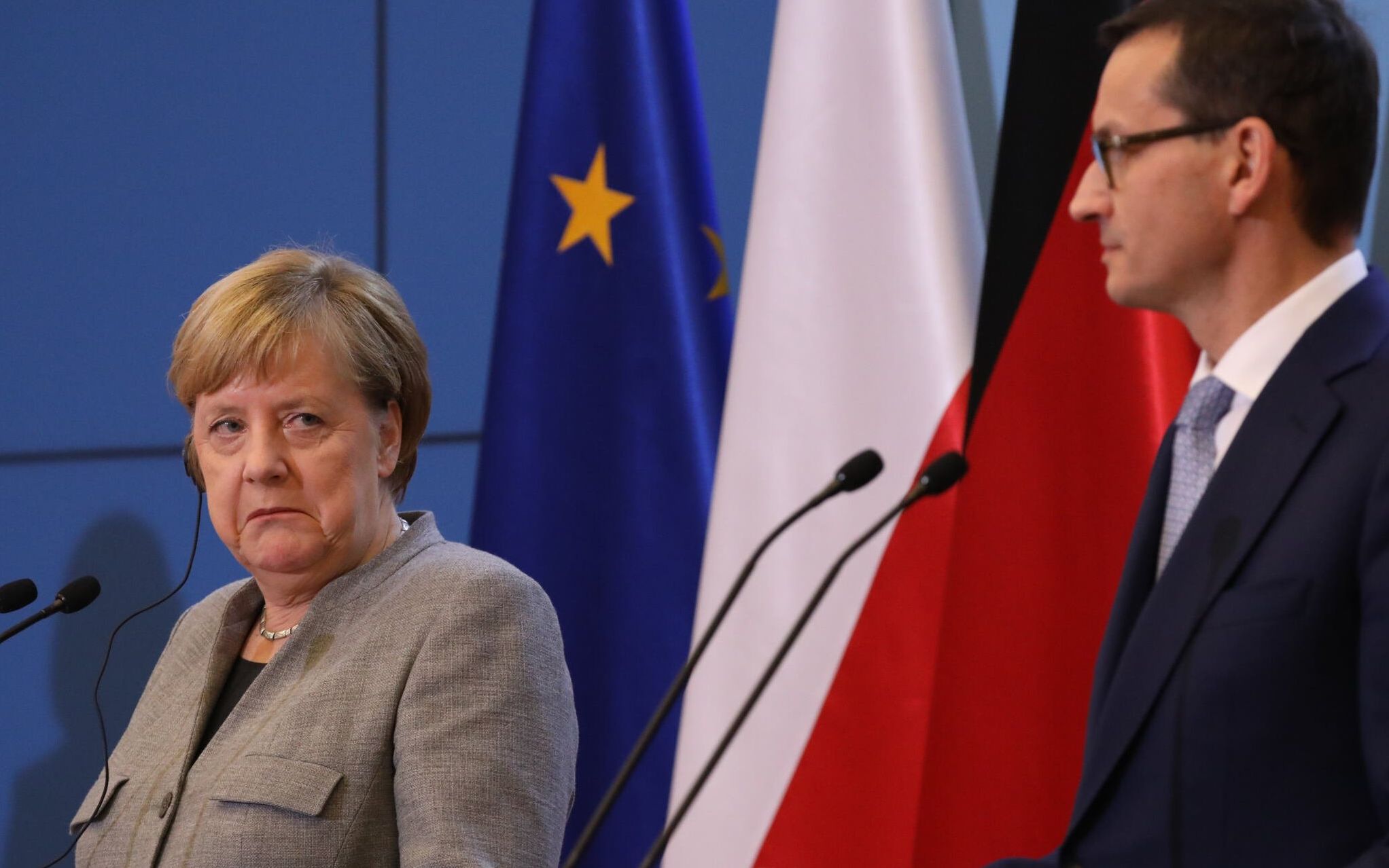 02.11.2018 Warszawa . Kancelaria Prezesa Rady Ministrow . Od lewej: kancelerz Niemiec Angela Merkel , premier Mateusz Morawiecki podczas konferencji prasowej .
Fot. Slawomir Kaminski / Agencja Gazeta