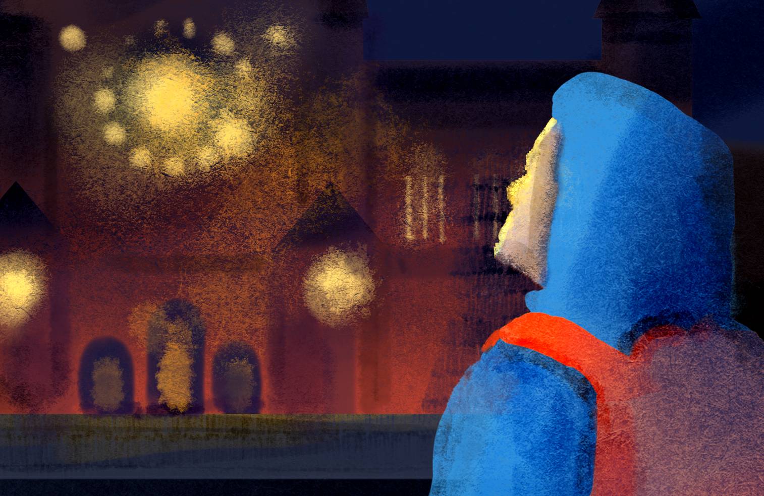 Ilustracja - postać na pierwszym planie w kurtce z kapturem narzuconym na głowę i plecakiem patrzy na rozświetlony budynek kościoła. Azyl kościelny