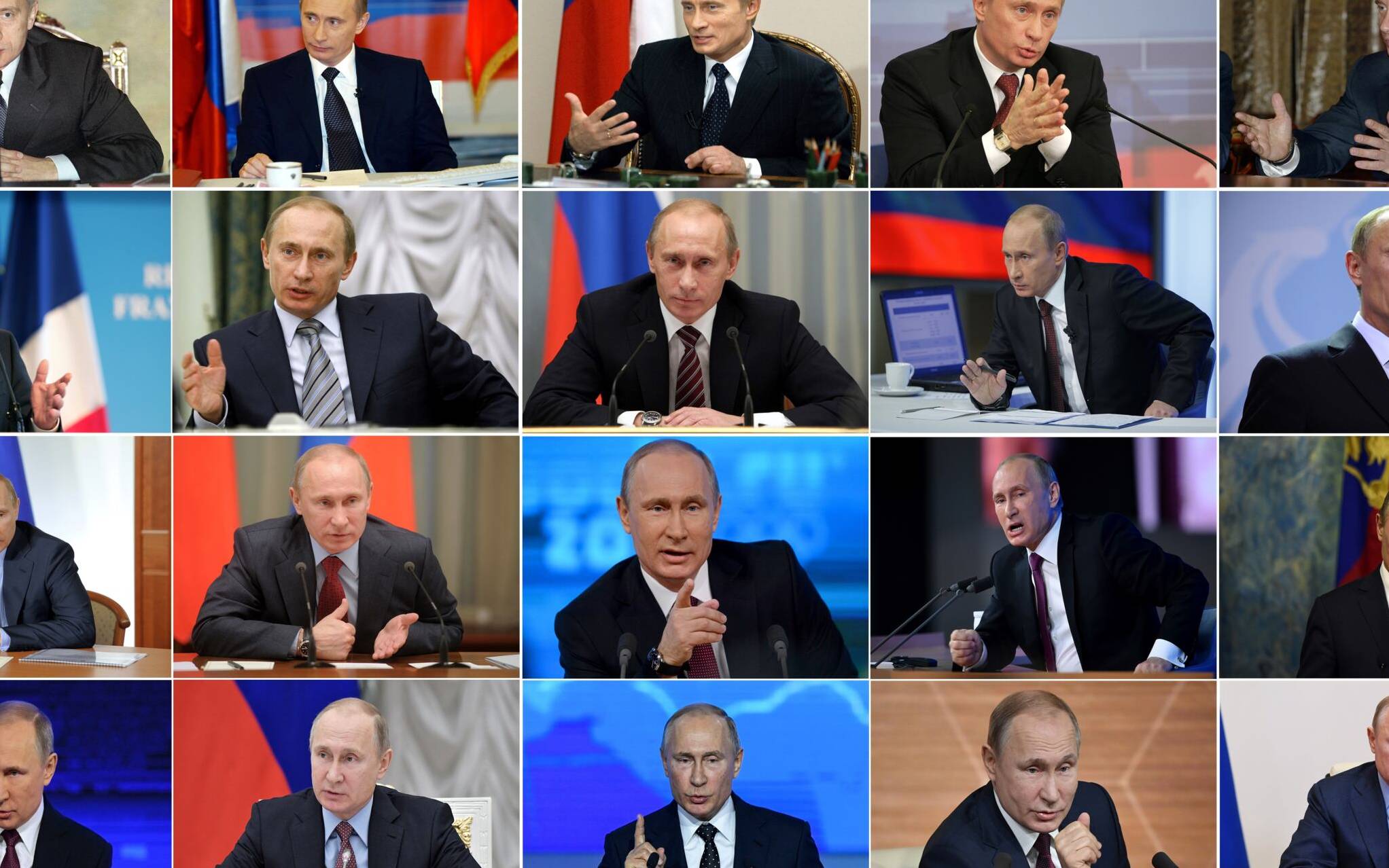 (COMBO/FILES) This combination of file photographs created on July 2, 2020, shows Russia's President Vladimir Putin as he - from Top L/Bottom R: meets with members of the cabinet in The Kremlin in Moscow on November 5, 2001, listens during a radio dialogue with the nation in Moscow on December 19, 2002, gestures as he talks to Russian journalists at his office in The Kremlin, Moscow on November 28, 2003, answers questions during his annual press conference at The Kremlin in Moscow on December 23, 2004, speaks during a meeting with Germany's Economics Minister Michael Glos in the Novo-Ogaryovo presidential residence outside Moscow on December 8, 2005, speaks a press conference during a mini-summit with French President Jacques Chirac and German Chancellor Angela Merkel in Compiegne, northern France on September 23, 2006, speaks during a meeting with German Foreign Minister Frank-Walter Steinmeier at The Kremlin in Moscow on December 18, 2007, speaks during the last Government members meeting of 2008 in Moscow on December 29, 2008, gestures while answering a question during his annual televised phone-in show in Moscow on December 3, 2009, addresses a press conference at the chancellery with German Chancellor Angela Merkel in Berlin on November 26, 2010, speaks at a coordination meeting of his All-Russian Popular Front's staff at the government headquarters in Moscow, on December 27, 2011,  speaks as he meets university and college rectors  in the government headquarters in Moscow, on February 14, 2012, speaks during his annual press conference in Moscow on December 19, 2013, speaks during his annual press conference in Moscow on December 18, 2014, addresses a press conference, during the COP21 United Nations conference on climate change at Le Bourget on the outskirts of Paris on November 30, 2015, speaks during his annual press conference in Moscow on December 23, 2016, meets with top officials from the Federation Council and the State Duma at The Kremlin in Moscow on
