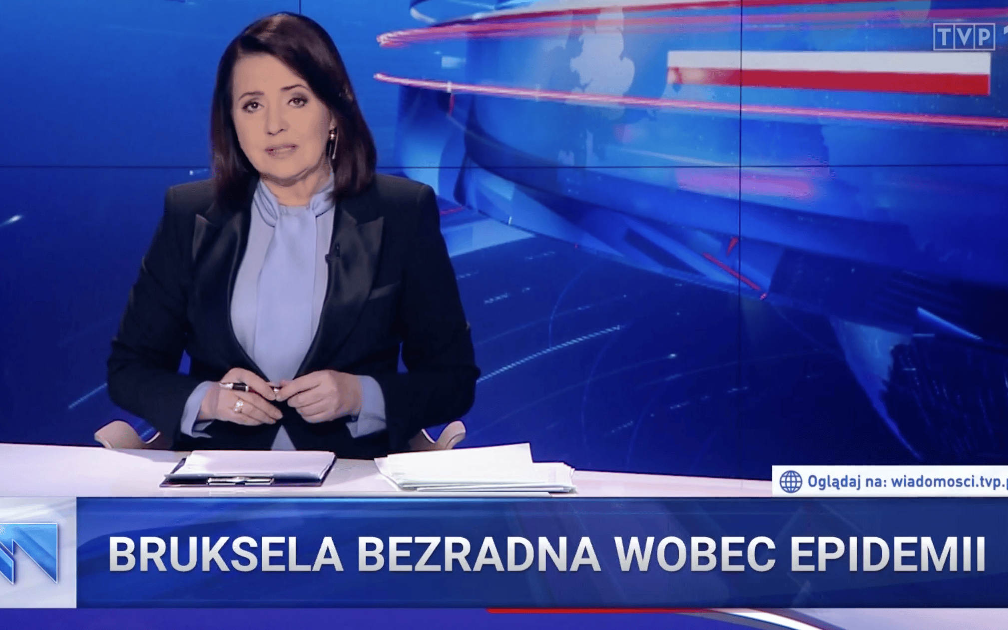 Grafika do artykułu „Bezradnie rozkłada ręce”. TVP wykorzystuje epidemię do oczerniania Unii Europejskiej