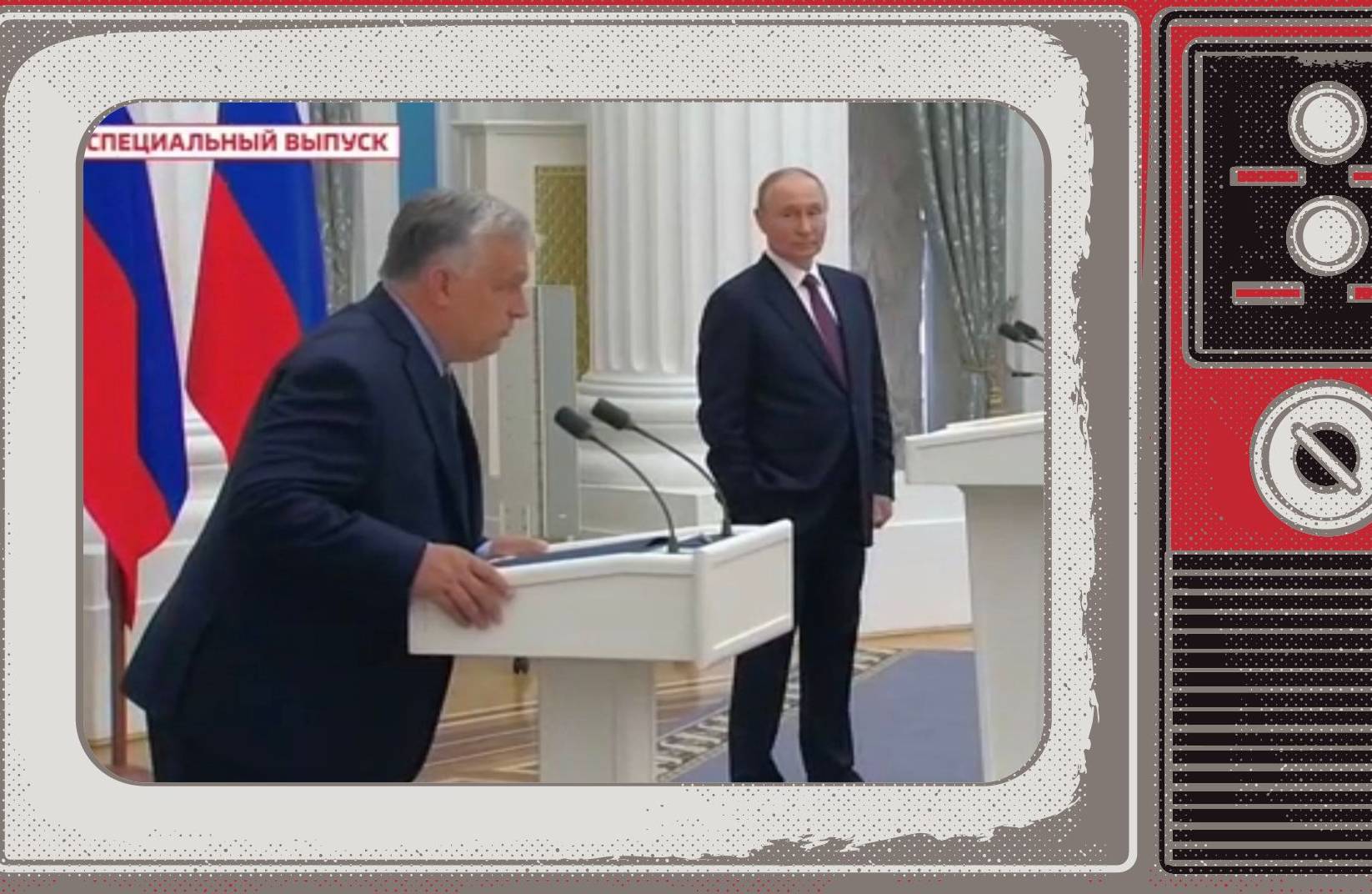 Grafika: w ramce starego telewizora wielki Prban i malutki Putin