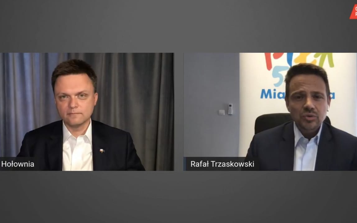 Grafika do artykułu Hołownia i Trzaskowski na żywo o trzech wetach i odpartyjnianiu państwa. Trzy i pół na cztery