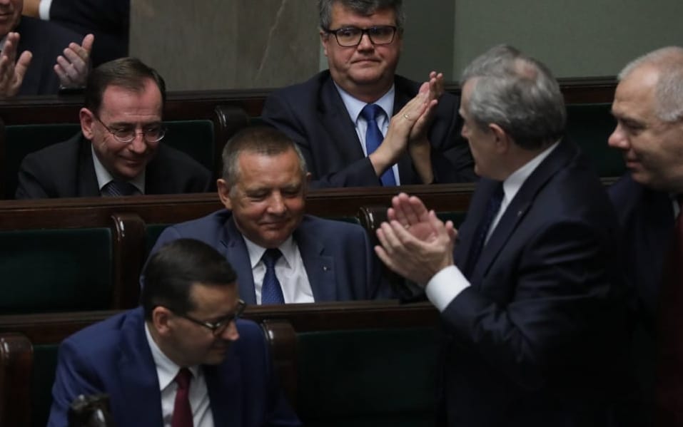 30.08.2019 Warszawa . Sejm . Minister srodowiska Henryk Kowalczyk , minister spraw wewnetrznych i administracji Mariusz Kaminski , sekretarz stanu w Kancelarii Prezesa Rady Ministrow Maciej Wasik , minister finansow Marian Banas , premier Mateusz Morawiecki , minister kultury i dziedzictwa narodowego Piotr Glinski , wicepremier Jacek Sasin podczas glosowania nad wyborem prezesa Najwyzszej Izby Kontroli . Wybor mnistra finansow Mariana Banasia na stanowisko prezesa Najwyzszego Izby Kontroli .
Fot. Slawomir Kaminski / Agencja Gazeta
