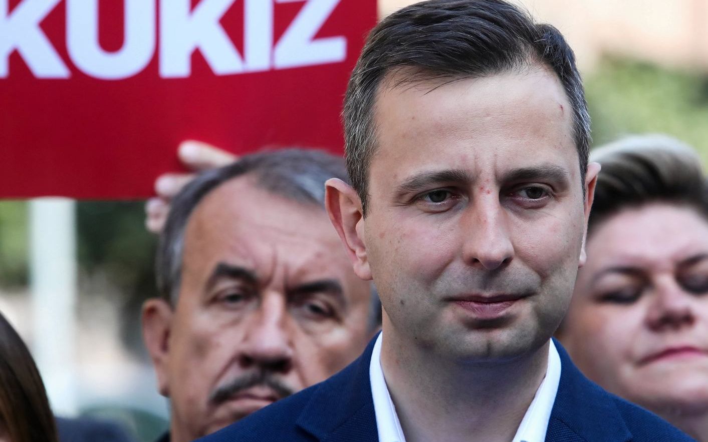 04.09.2019 Krakow , Plac Matejki . Wladyslaw Kosiniak - Kamysz , Agnieszka Scigaj i Pawel Kukiz . Konferencja prasowa Polskiego Stronnictwa Ludowego i Kukiz przed wyborami parlamentarnymi . 
Fot. Jakub Porzycki / Agencja Gazeta