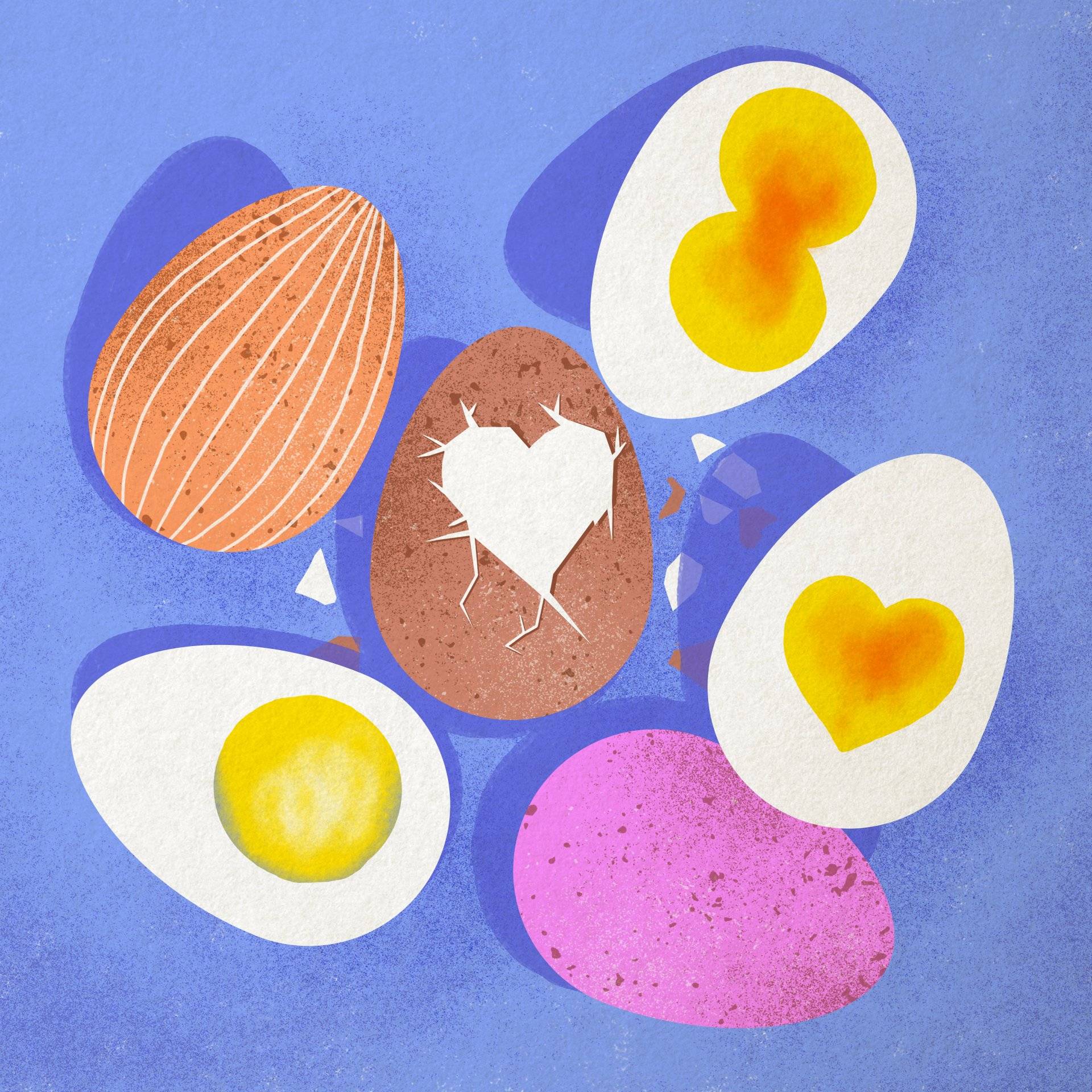 Rysunek kilku jaj w kolorowych skorupkach i kilka połówek ugotowanego jajka na twardo