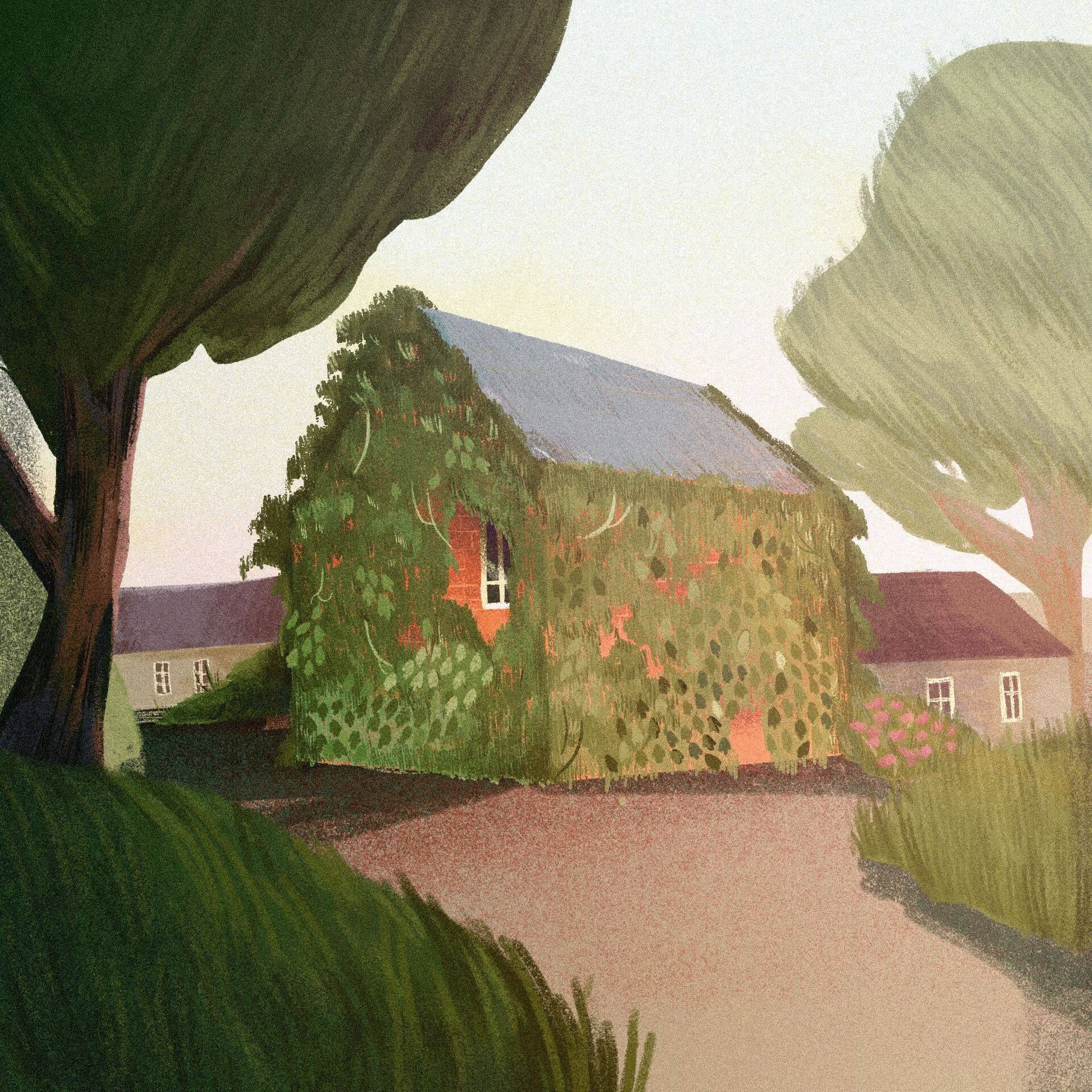 rysunek przedstawia dom prawie w całości obrośnięty pnączami