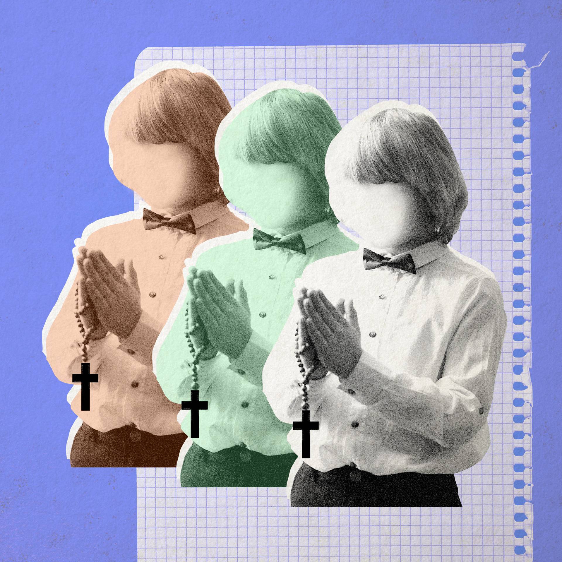Trzy sylwetki chłopców, składających dłonie do modlitwy, w których trzymają różaniec, z zamazanymi twarzami, na tle kartki z zeszytu. Spowiedź