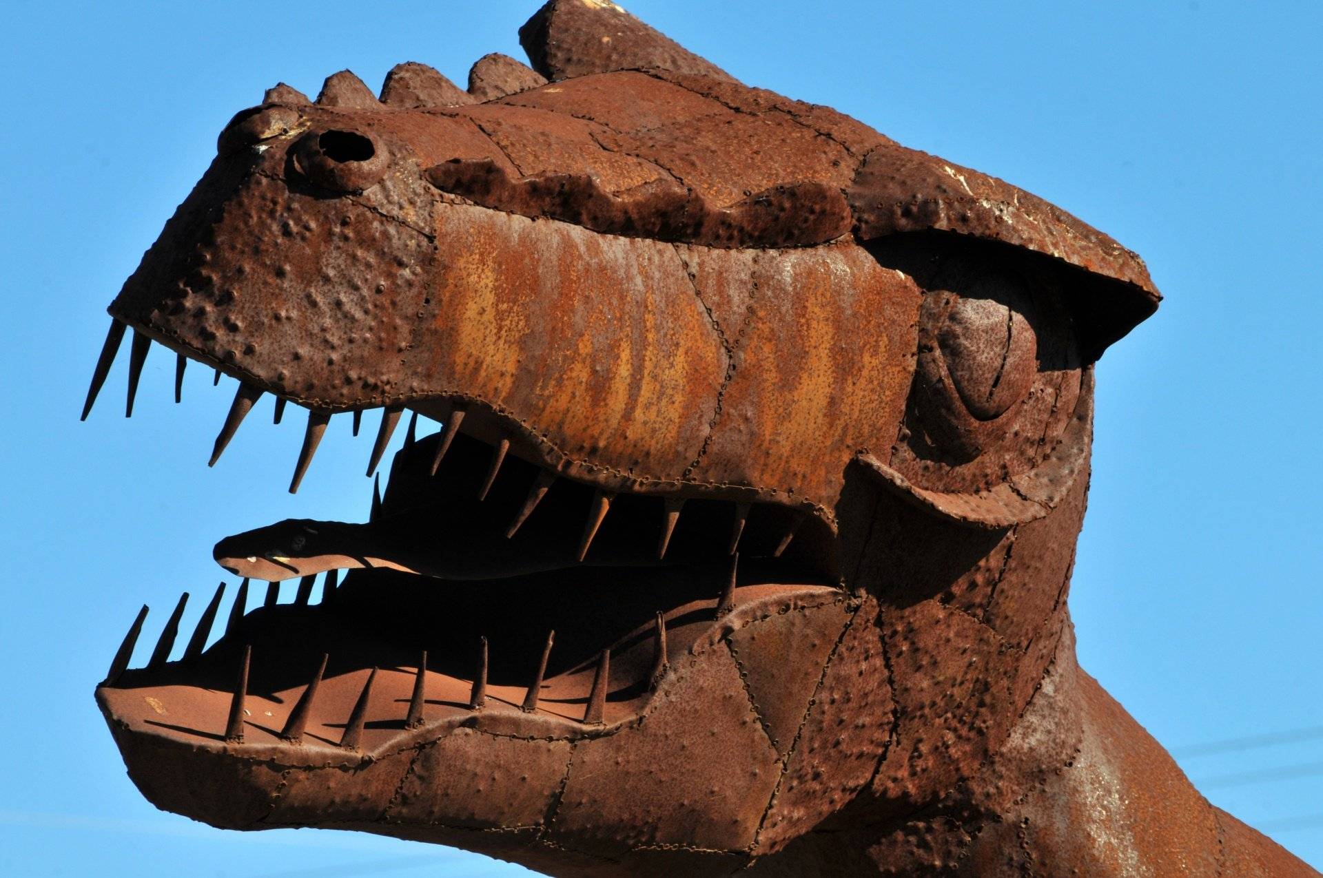 Głowa dinozaura wykonana z żelaznej blachy