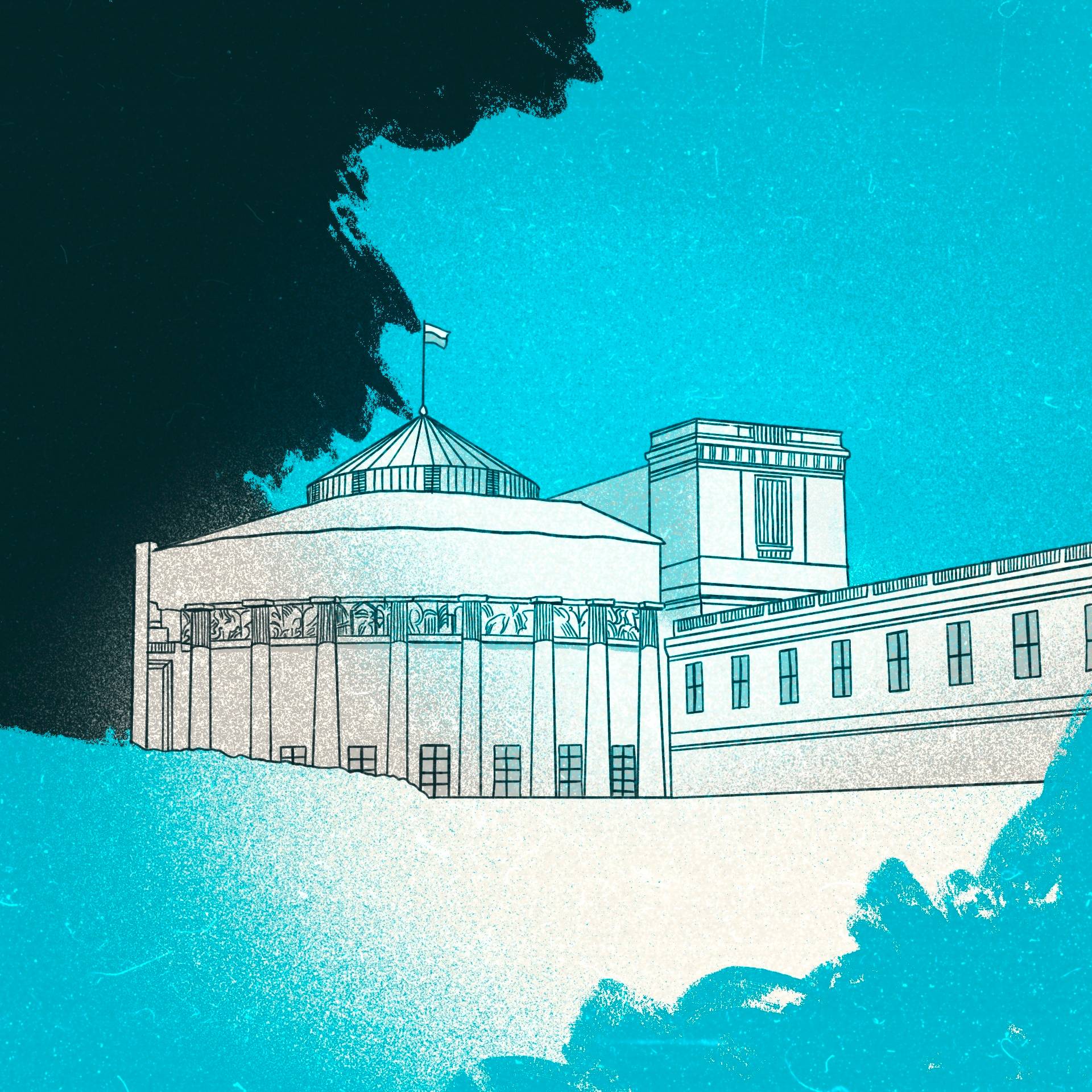 Ilustracja przedstawia budynek Sejmu na niebieskim tle. Transformacja