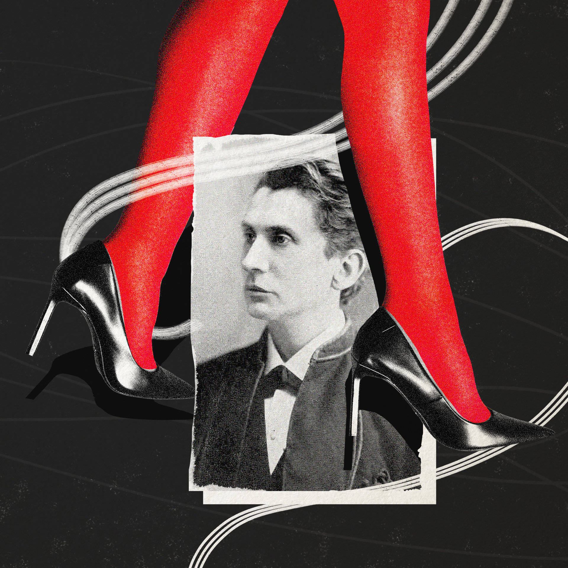 Ilustracja przedstawiająca fotografię Leopolda Schera-Masocha, nad którą widać kobiece nogi w czerwonych pończochach i czarnych szpilkach. Sacher-Masoch