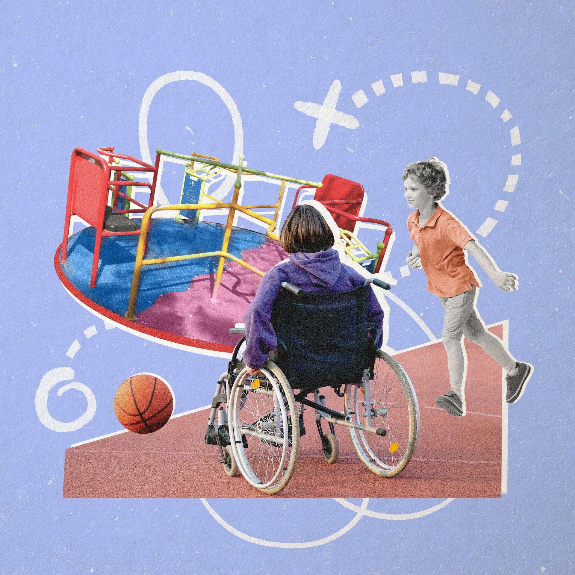 Grafika: dwoje dzieci, w tym jedno na wózku, i plac zabaw