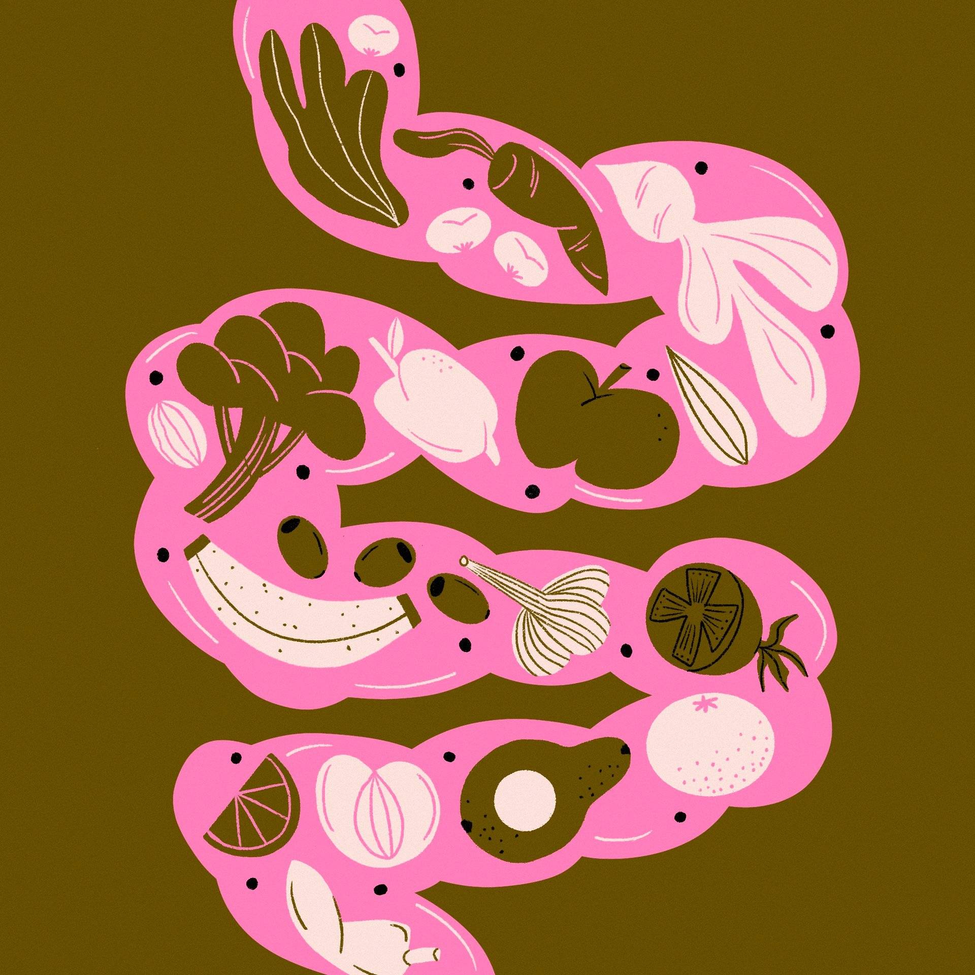 Brązowo-różowa grafika: jelita pełne różnych produktów spożywczych